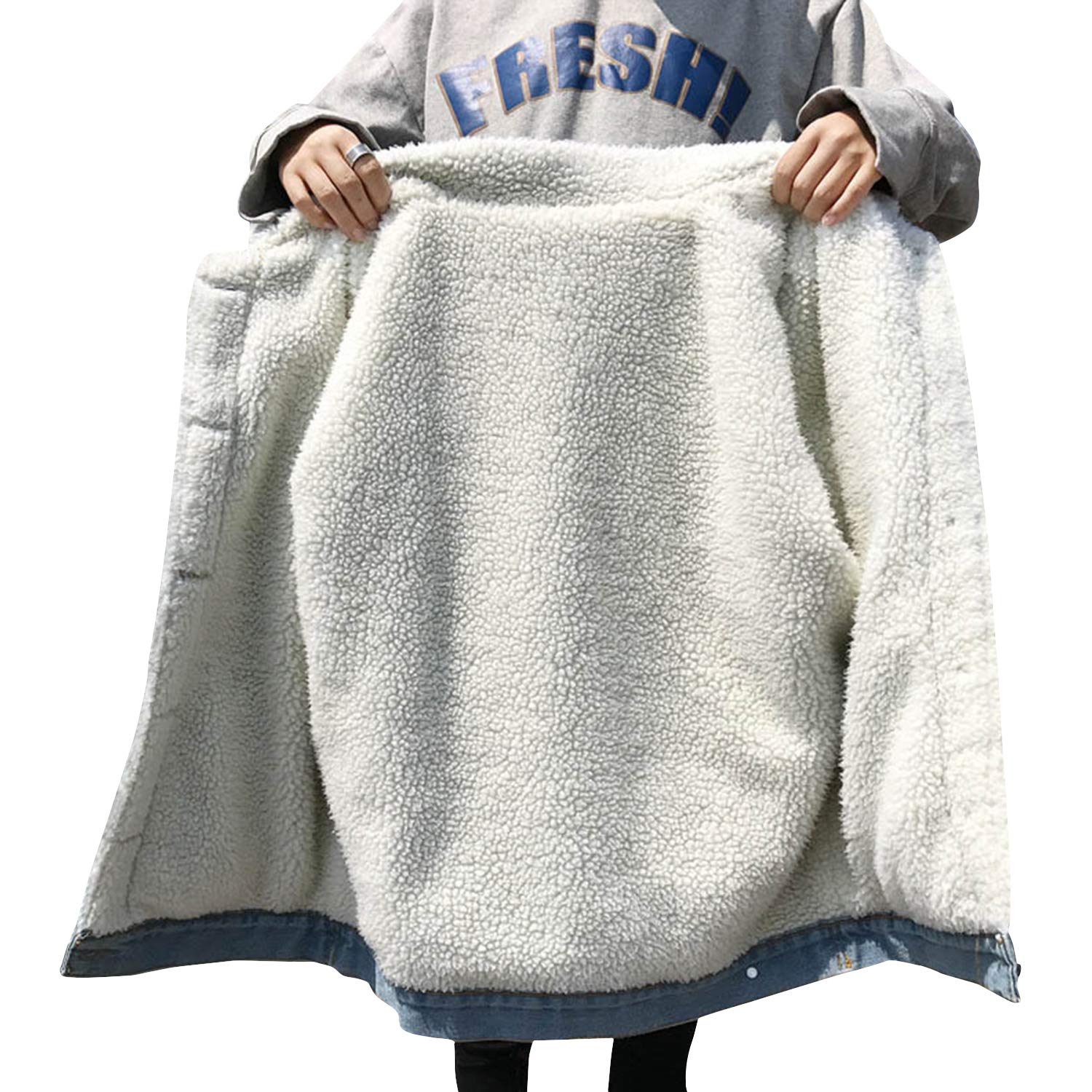 Oversize Jeansjacke mit Fell gefütterte Denim Jacke,für Damen Mädchen Revers Winterjacke Coat Damenjacke Wintermantel Outerwear Knopf mit Taschen,(künstlicher Fell)