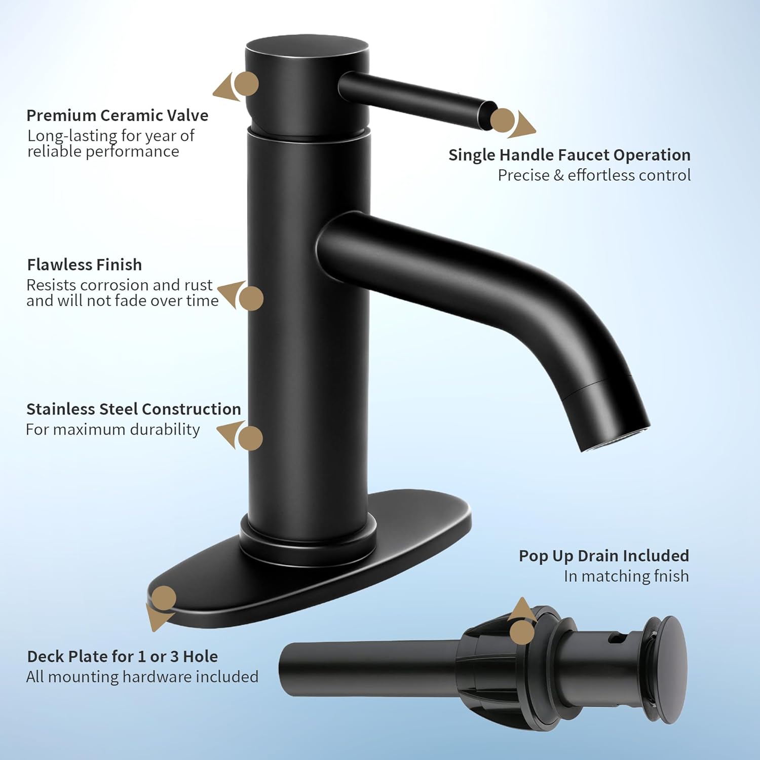 SOKA Bathroom Sink Faucet Single Handle Stainless Steel Lavatory Commercial Bathroom Faucets Bathtub Basin Vanity Faucets with Deck Plate & Pop-Up Drain Assembly Fit for 1 & 3 Hole, Black