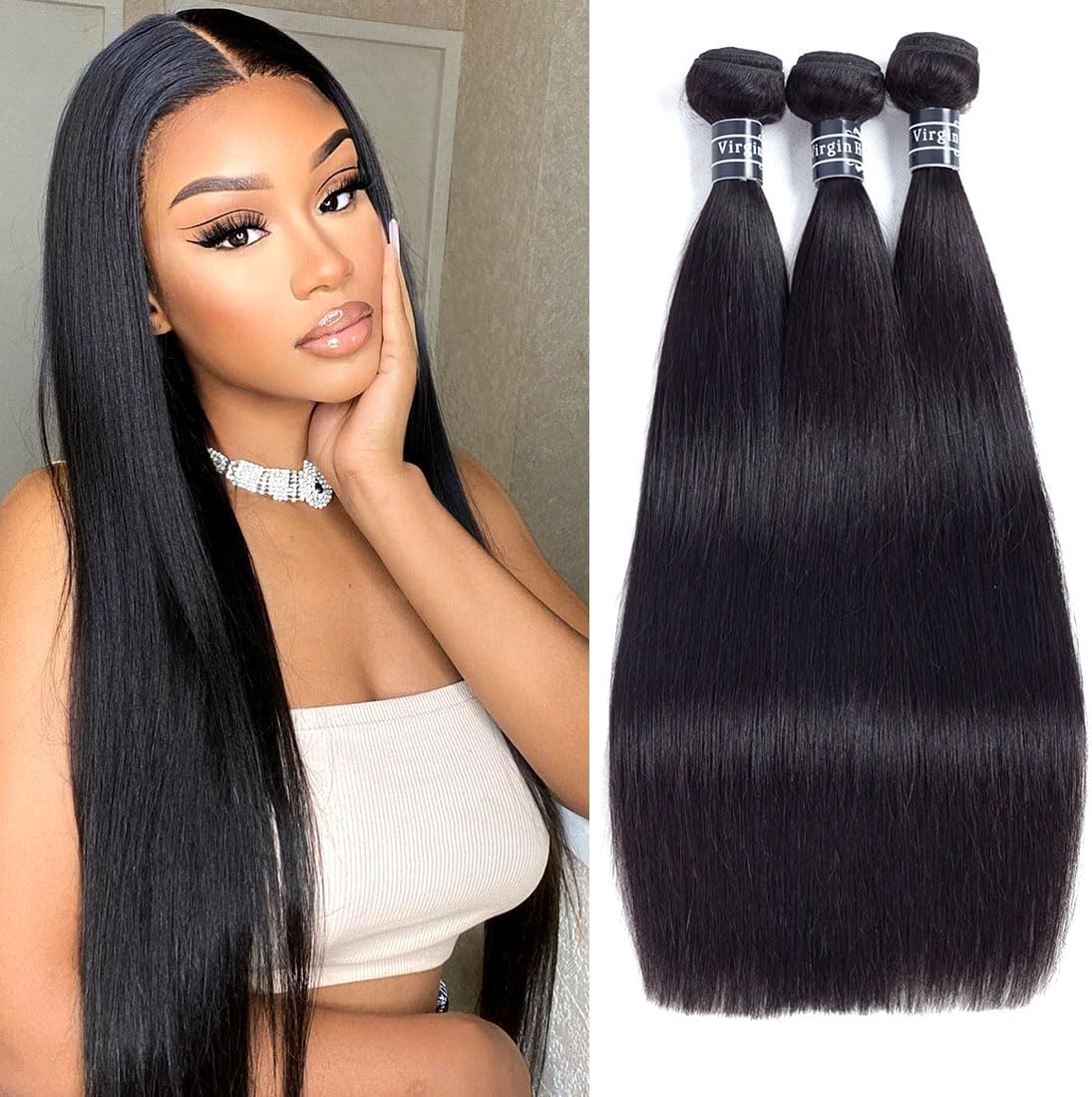AmellaHair 10A Unprocessed Brazilian Straight Virgin Hair (18" 20" 22",300g)100% Brazilian Straight Virgin Hair Bundles Extension Weaves Natural Black Color