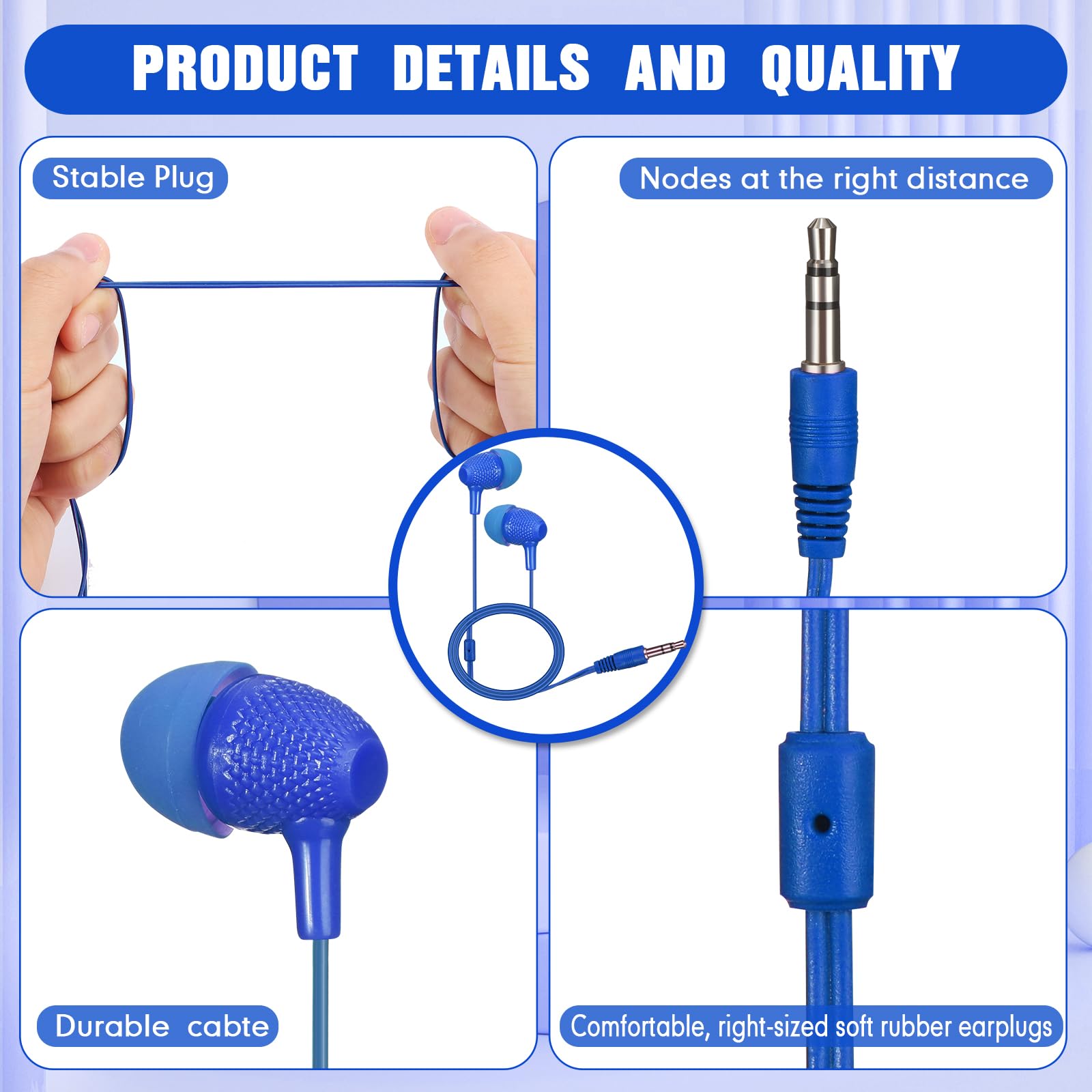 Confezione da 200 auricolari per bambini, 3,5 mm, per studenti, colori assortiti, auricolari cablati senza microfono, per scuole, aule, studenti, confezionati singolarmente (blu)