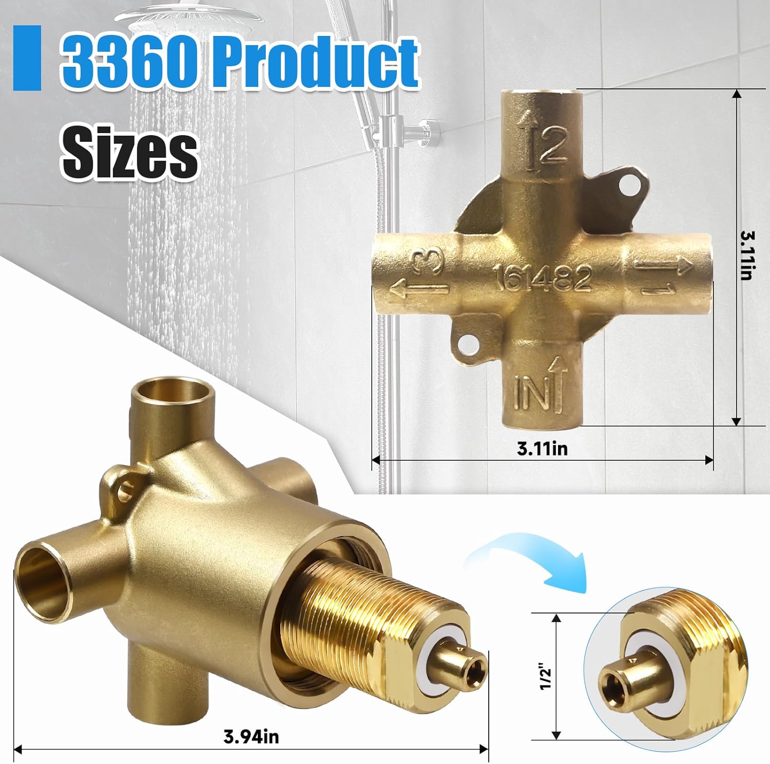 3-Function Shower Transfer Valve, Replace Moen 3360, Commercial Brass Construction, 1/2" CC Connections, for Bath/Shower/Handheld Diverter