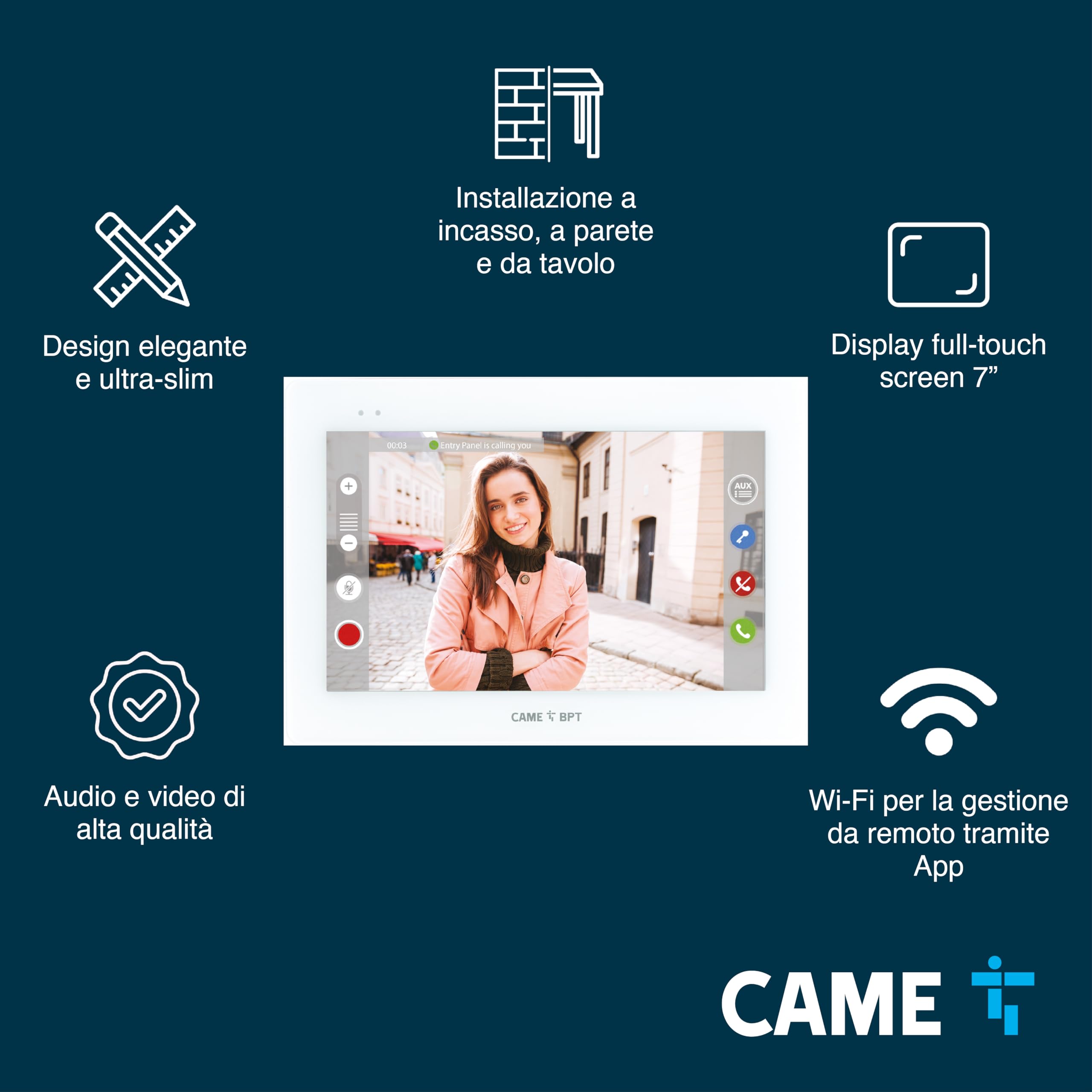 Came Kit videocitofonico monofamiliare include videocitofono vivavoce XTS da parete bianco WIFI display touch screen 7" per sistema X1, targa esterna LHS V/01 PLUS, alimentatore e 5 tag di prossimità