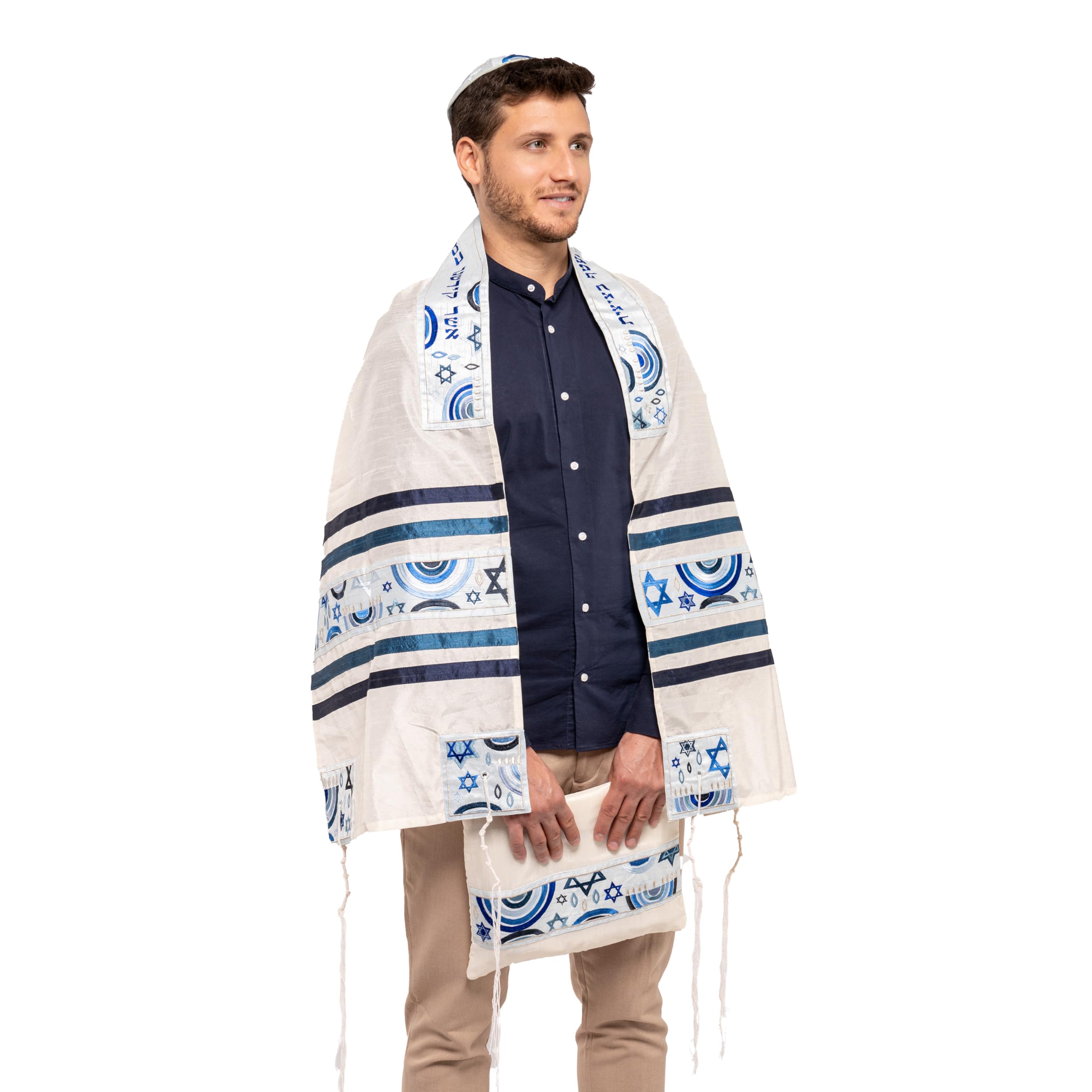 Yair Emanuel Tallit Prayer Shawl Gadol + Bag + Kippah + Atara Set Embroidered RAW SILKDAVID Star Rainbow Blue (Bundle)