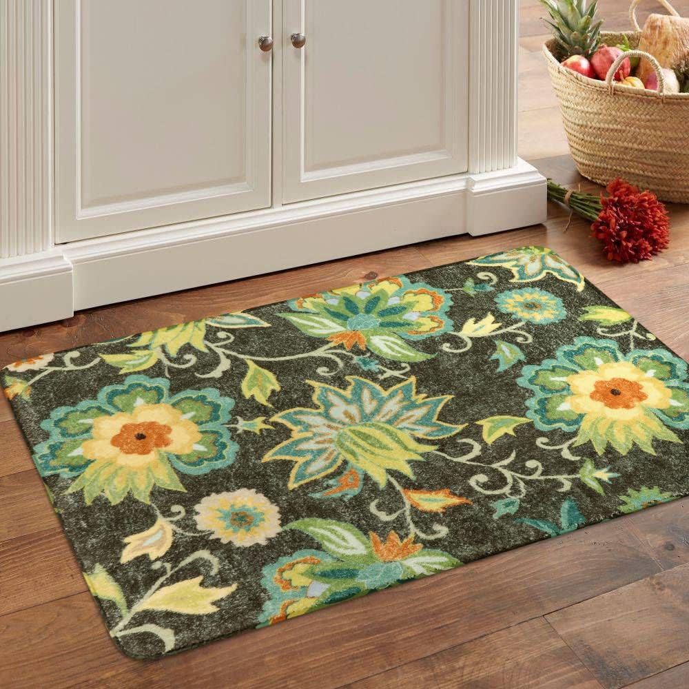 Lahome Collection Modern Floral Washable Area Rug - 2'x3' Green Small Entry Rug Accent Distressed Non-Slip Throw Floor Carpet for Door Mat Entryway Be