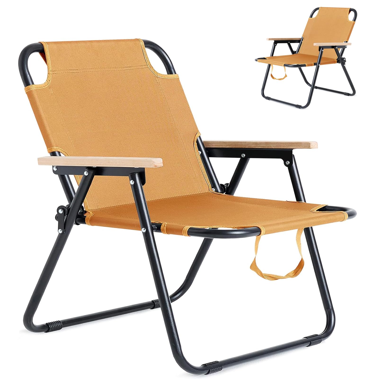 Sedia da Campeggio Pieghevole Ultraleggera con Braccioli in Legno, Sedia da Spiaggia Pesca Portatile, Tracolla Integrata, Capacità di Carico di 150 kg, Tessuto Oxford Traspirante (Arancione)