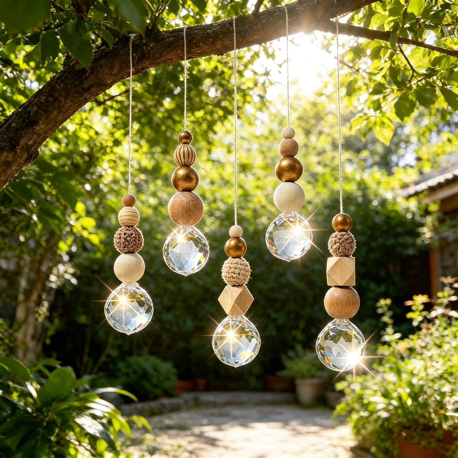 Yuragim Kristall Sonnenfänger Bastelset, 5er Set Suncatcher mit Holz- & Kristallkugel, Skandinavische Wohnraum Dekoanhänger DIY Sonnenfänger Basteln Garten Windspiel Hängedeko Lichtspiel Fenster
