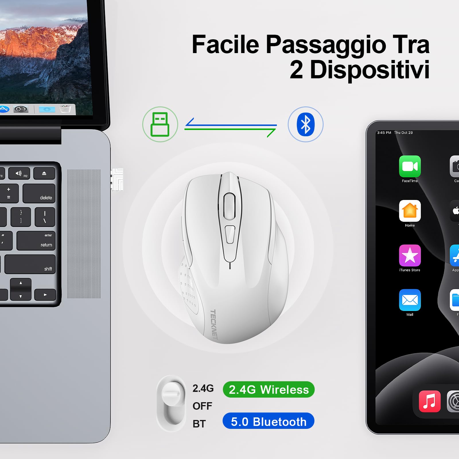 TECKNET Mouse Bluetooth Ricaricabile, Multi-dispositivo Mouse Wireless Silenzioso (Tri-Mode: BT 5.0/3.0 + 2.4G), 4800 DPI Mouse Ergonomico Portatile per Laptops, Mac OS, Android, Windows