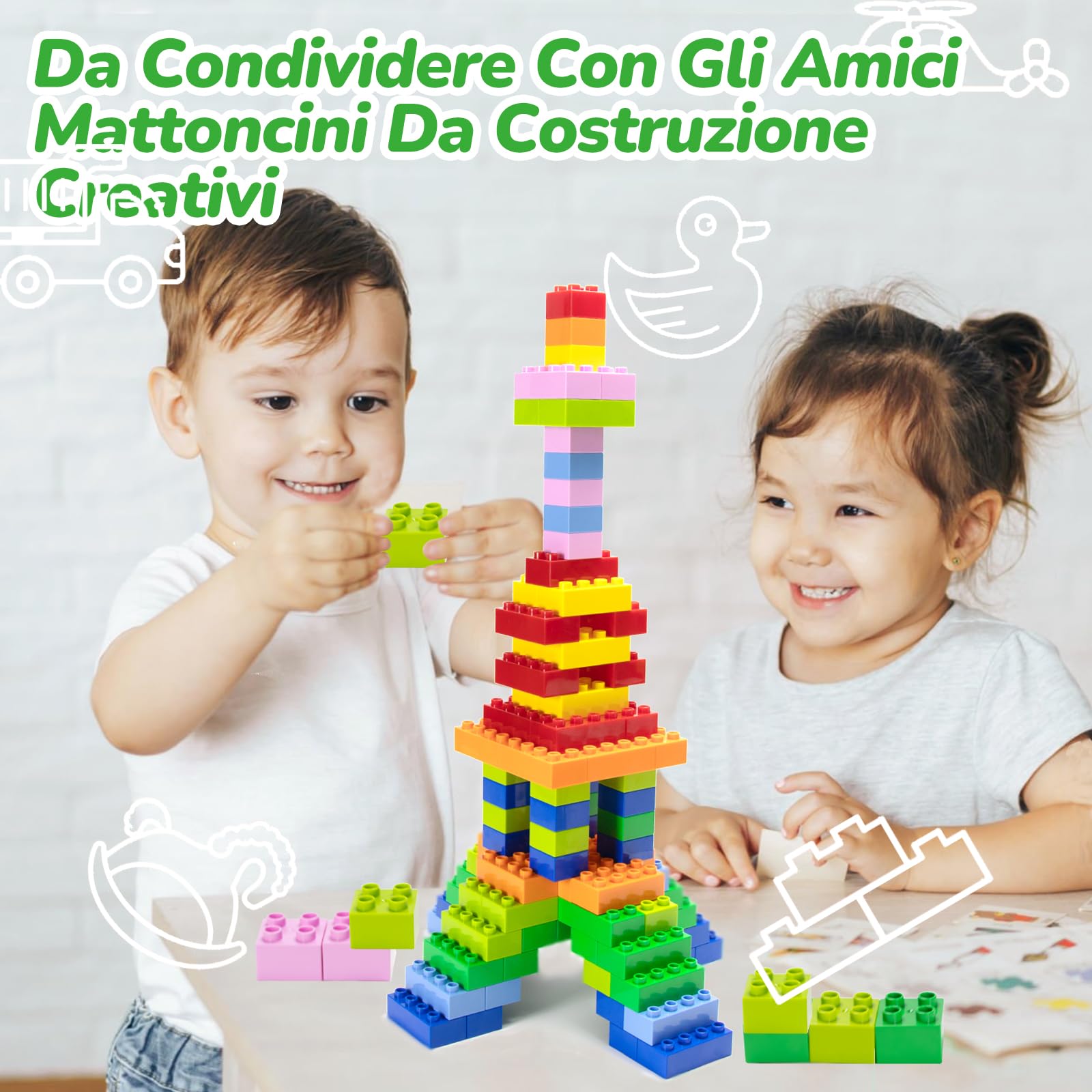 Set di 200 grandi mattoncini da costruzione, 2 forme e 8 colori, compatibili con Duplo e tutte le principali marche, giocattoli da costruzione colorati per bambini dai 3 anni in su
