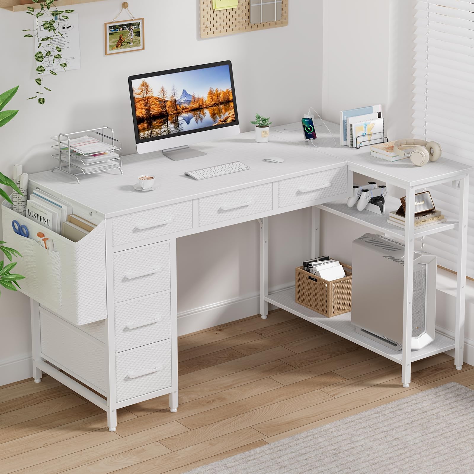 Amazon | ホワイト L字型デスク 布製引き出し付き - 48インチ コーナー