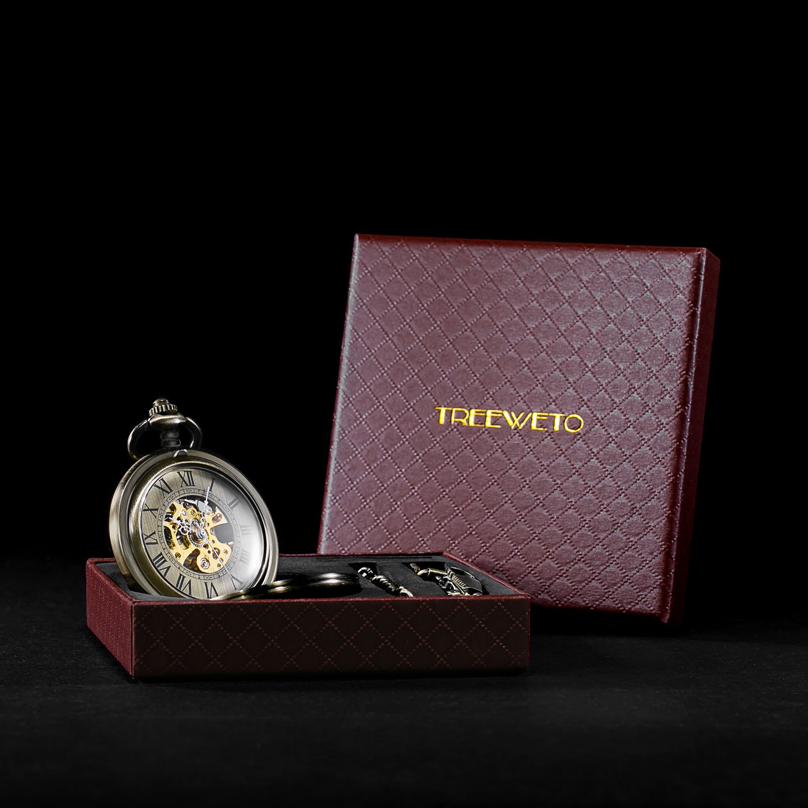 TREEWETO Unisex Taschenuhr mit Kette Analog Handaufzug Antik Skelett Lupe Bronze