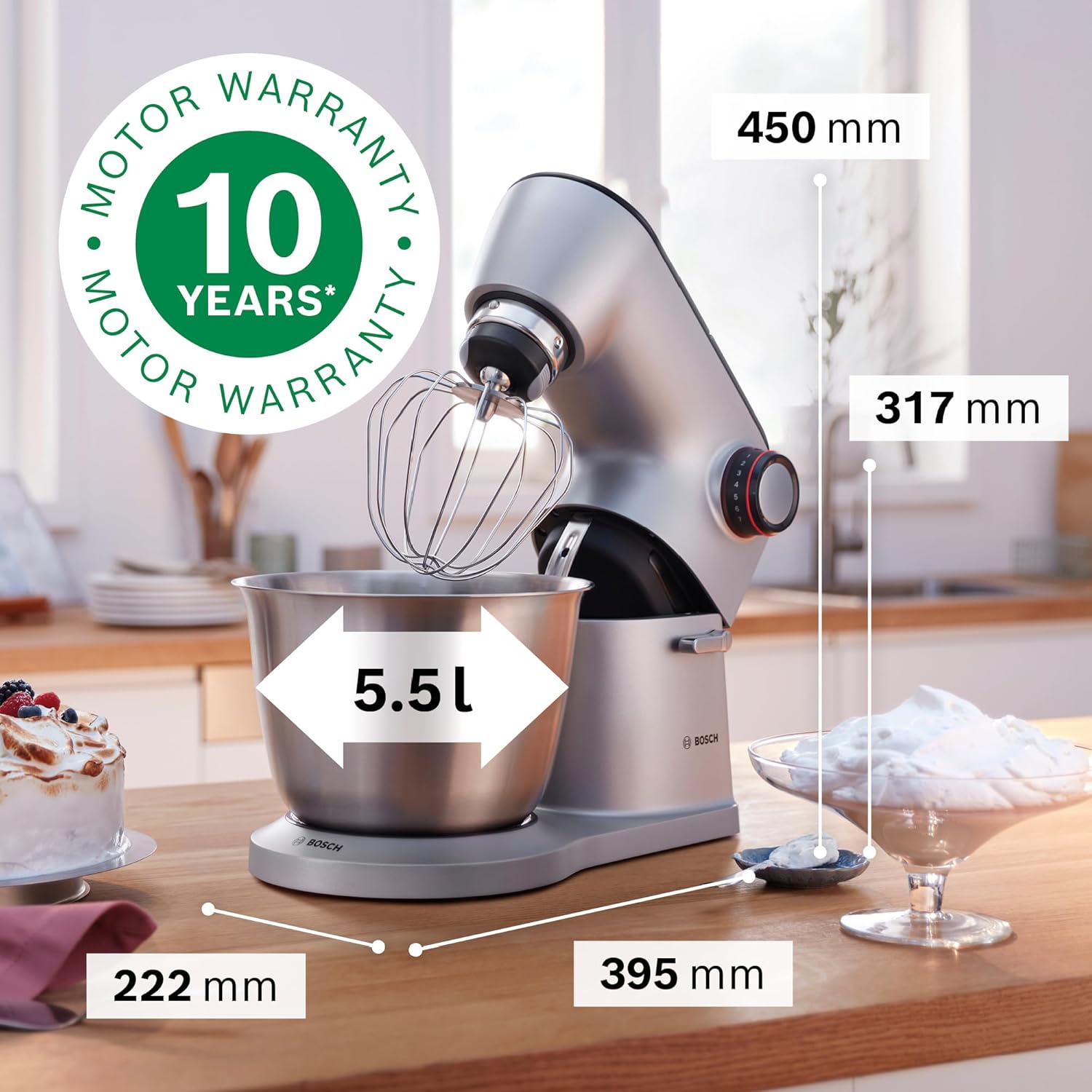 Dimensions of the Bosch OptiMUM food processor: 395 mm depth, 222 mm width, 317 mm height, with a 5.5L bowl capacity.
