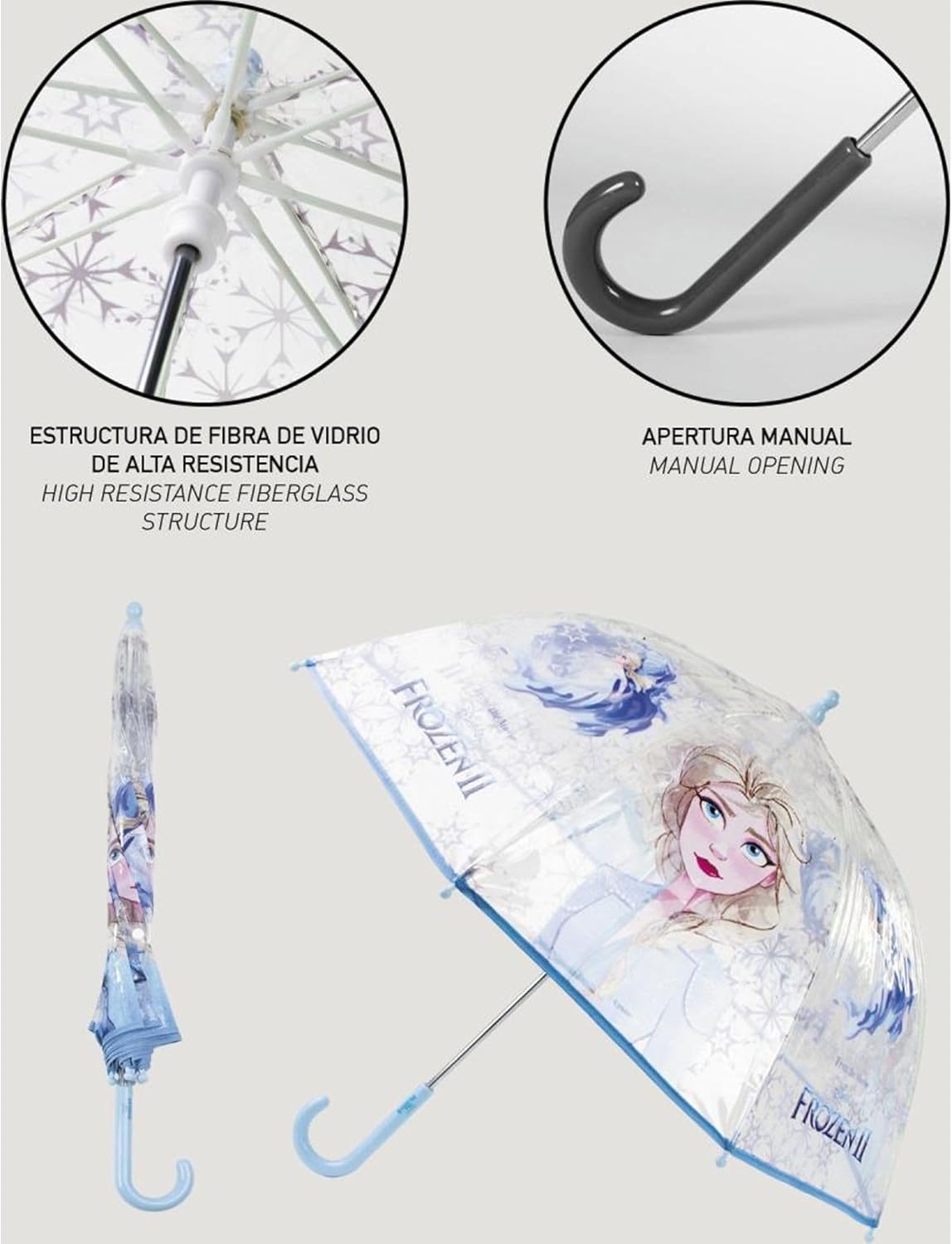 Parapluie Transparent La Reine Des Neiges (Frozen) - Manuel - Résistant Au Vent - 8 Branches Fibre De Verre - Licence Disney