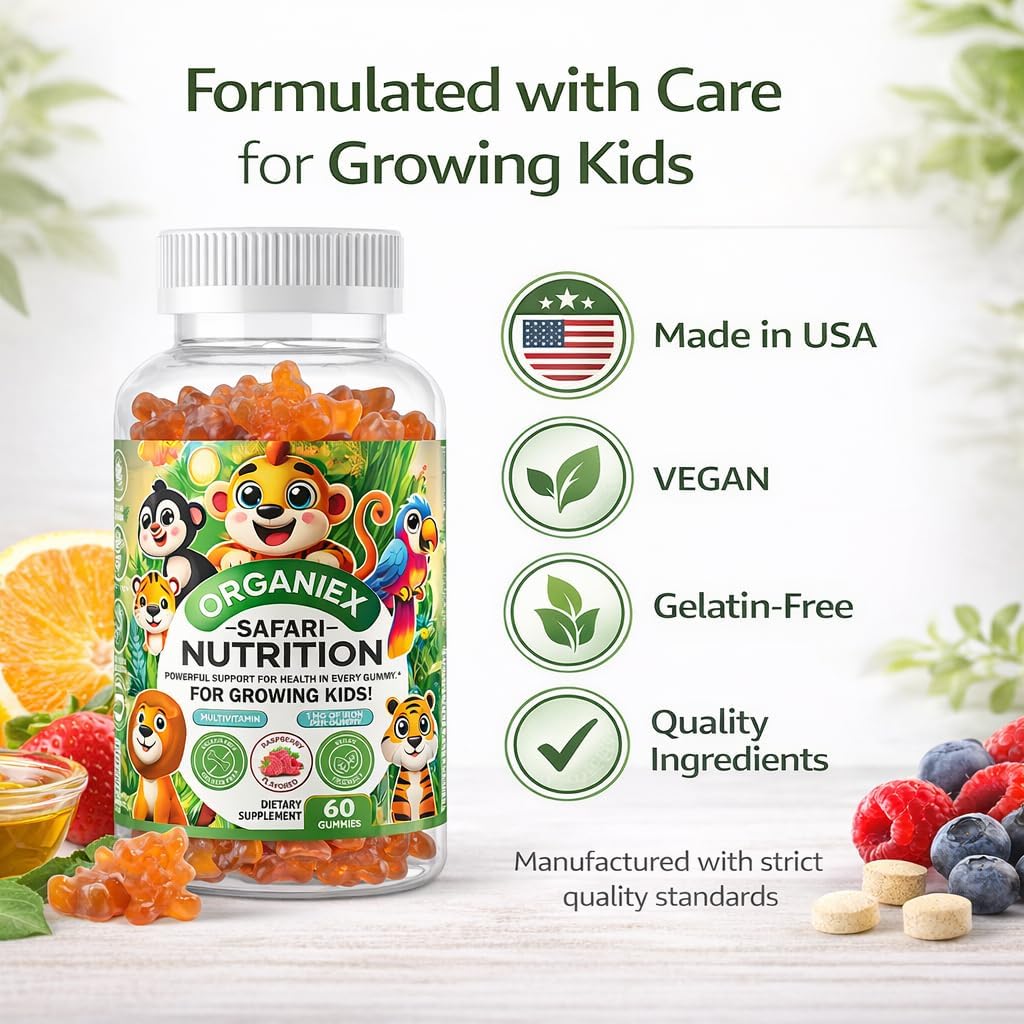 Kids Multivitamin Gummies with Iron & Zinc (Ages 2+) | Daily Kids Vitamins with Vitamin C, D3, B12 & Folate | Vegan, Non-GMO, Gluten-Free, Pectin-Based | Raspberry Flavor | 60 Count