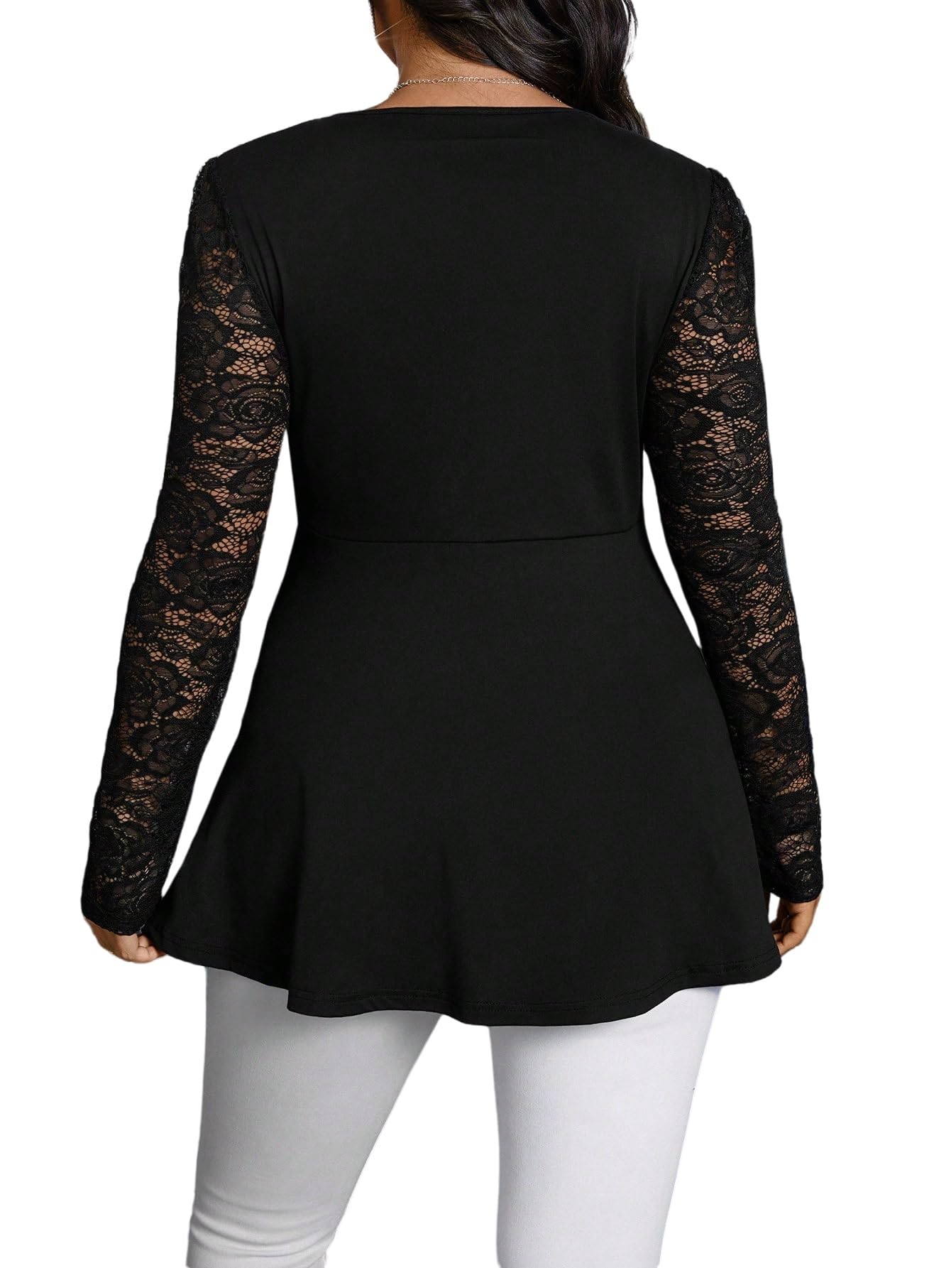 GORGLITTER Curvy - Top da donna in pizzo con nodo sul davanti, con scollo a V, per l'autunno, a maniche lunghe con orlo increspato