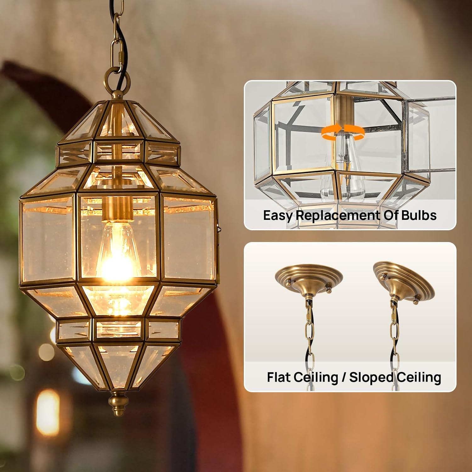 Milaii Copper Outdoor Pendant Lights, Brass Exterior Light Fixtures Waterproof Hanging Lantern Porch Lighting with Clear Glass Outdside Chandelier for Patio Kitchen Dining Room Entryway
