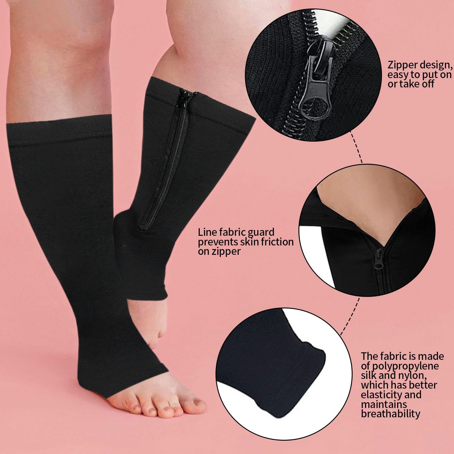 2 Pares De Calcetines Con Cremallera Abierta, Calcetines De Soporte Sin Dedos, Calcetines De Compresión Transpirables Y Cómodos, Calcetines Hasta La Rodilla Unisex
