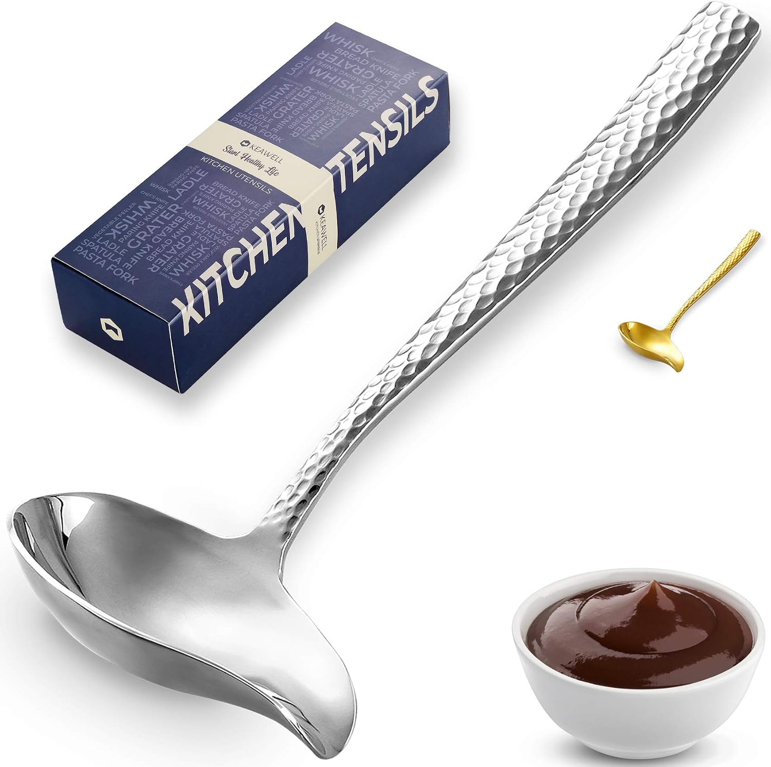 Louis Hammered 7.4-Inch 18/10 Sauce Ladle (1) | 18/10 Stainless Steel Small Sauce Spoon with Pouring Spout; Hammered Design; Ideal for Gravies & Dressings; Dishwasher Safe