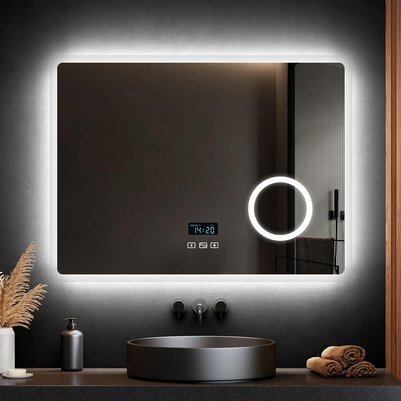 EMKE Espejo de baño Bluetooth con luces LED, 60 x 80 cm, retroiluminado, 3X lupa/altavoz/regulable/antivaho, espejos iluminados de pared, horizontal, IP44