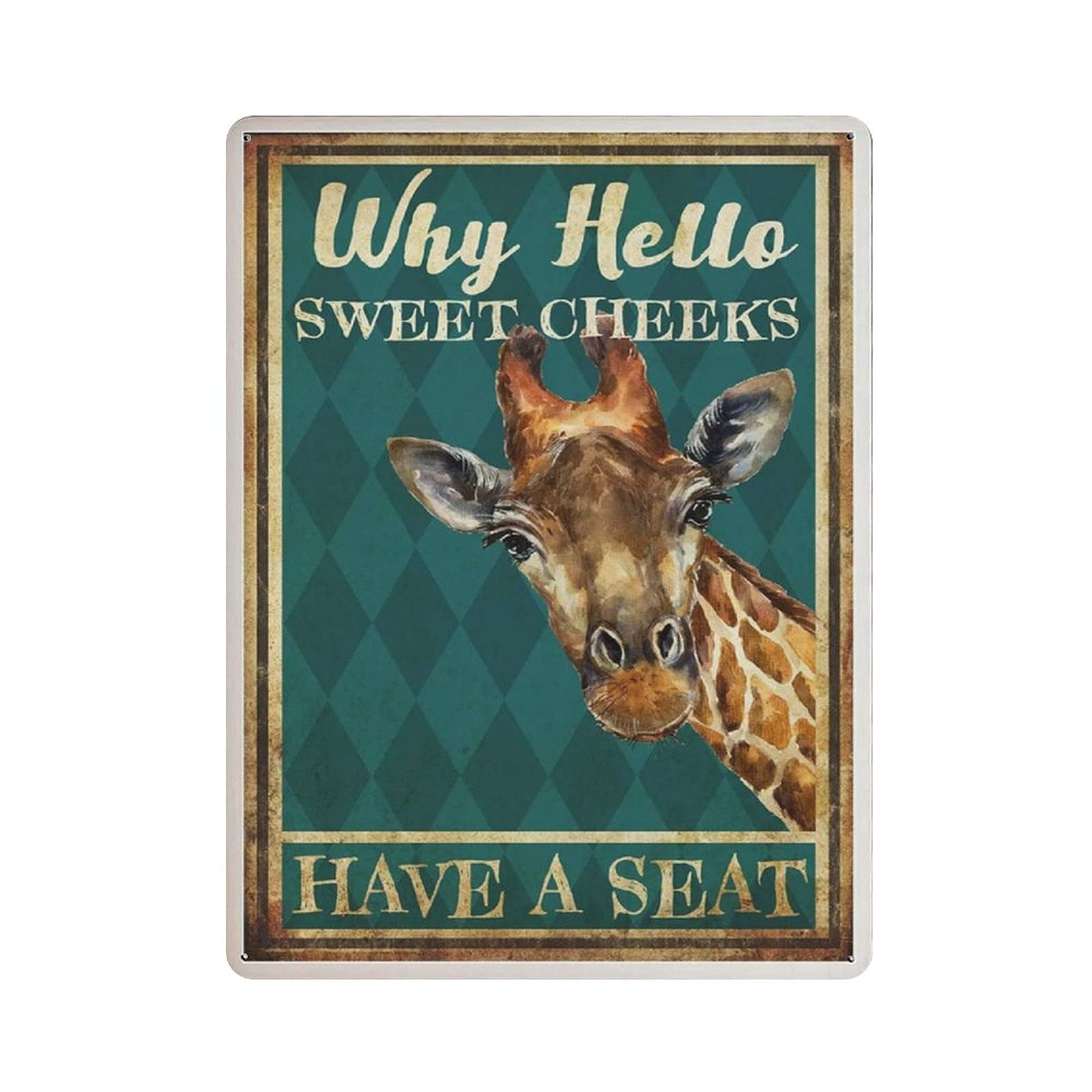 Dreacoss Why Hello Sweet Cheeks Have A Seat, Funny Giraffe Tin Signs, Animal Retro Funny Metal Sign Vintage Poster Wall Art for Kitchen Garden Bathroom Farm Home Decor Tin Sign,12x16 inches
