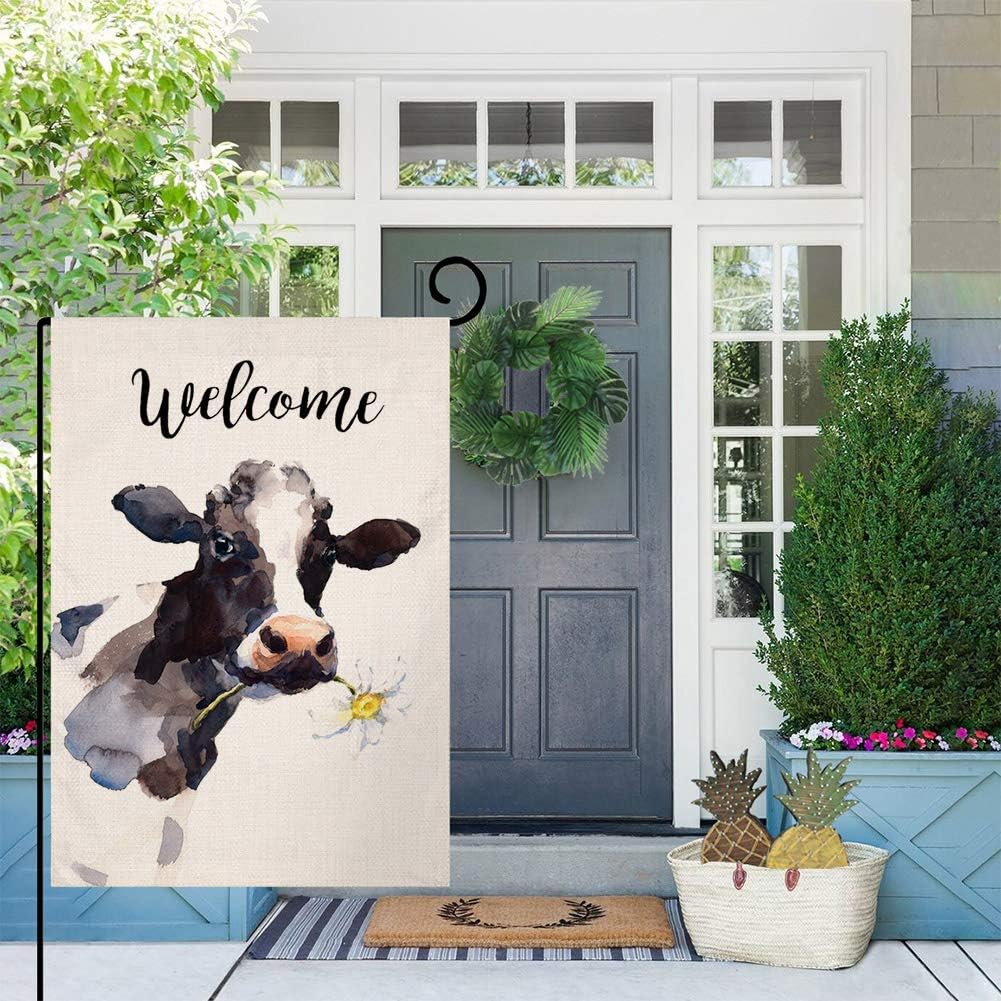 BLKWHT Spring Summer Cow Garden Flag Vertical Double Sided Welcome Vintage Farmhouse Daisy Floral Burlap Yard Outdoor Decor 12.5 x 18 Inches