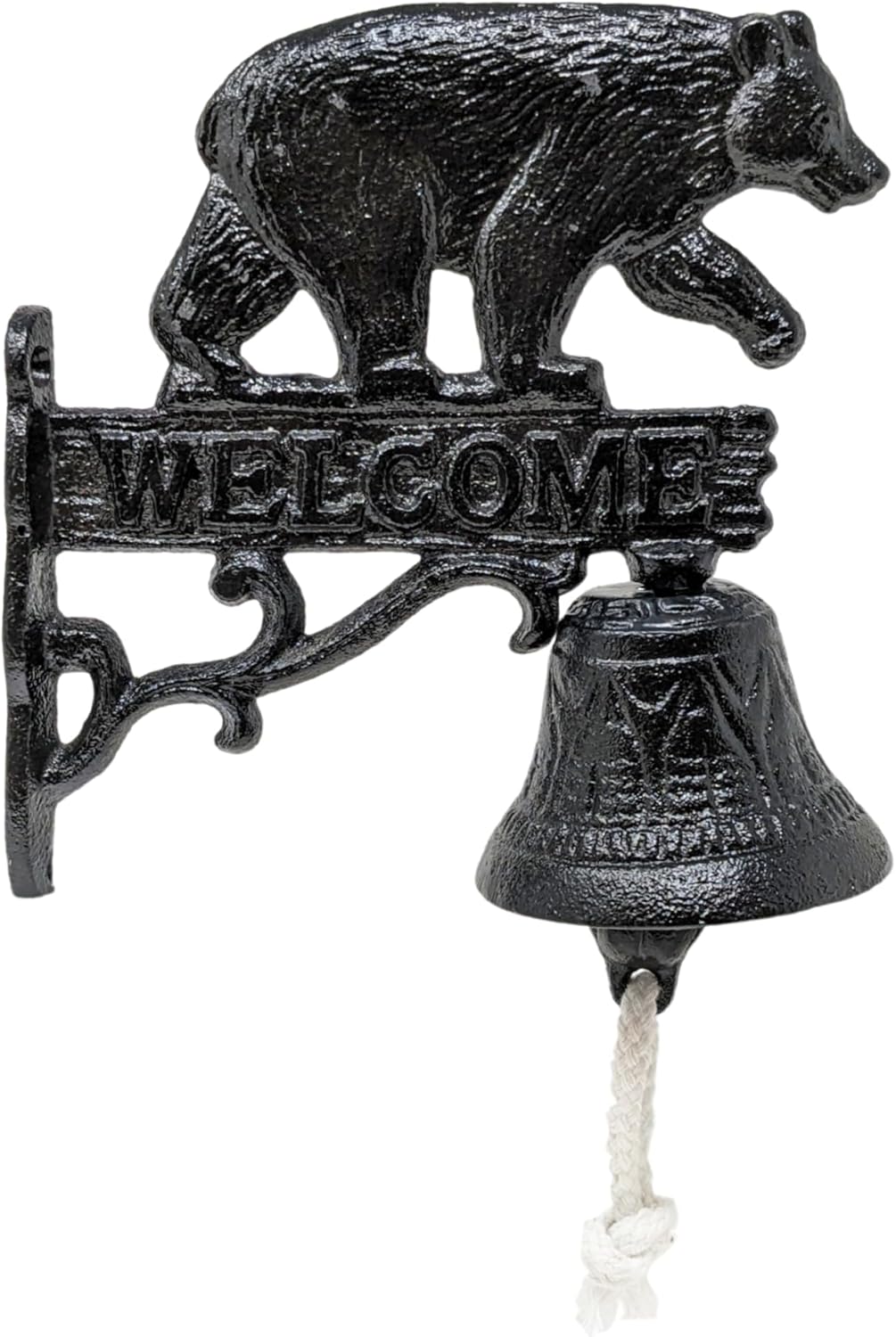 Cast Iron Bear Bell with Welcome Sign for Front Gate, Garden, Porch, Cabin, Door - Rustic Heavy-Duty Wall Mounted Dinner Bell - Outdoor Vintage Decor, Wildlife Lodge Gift for Nature and Animal Lovers