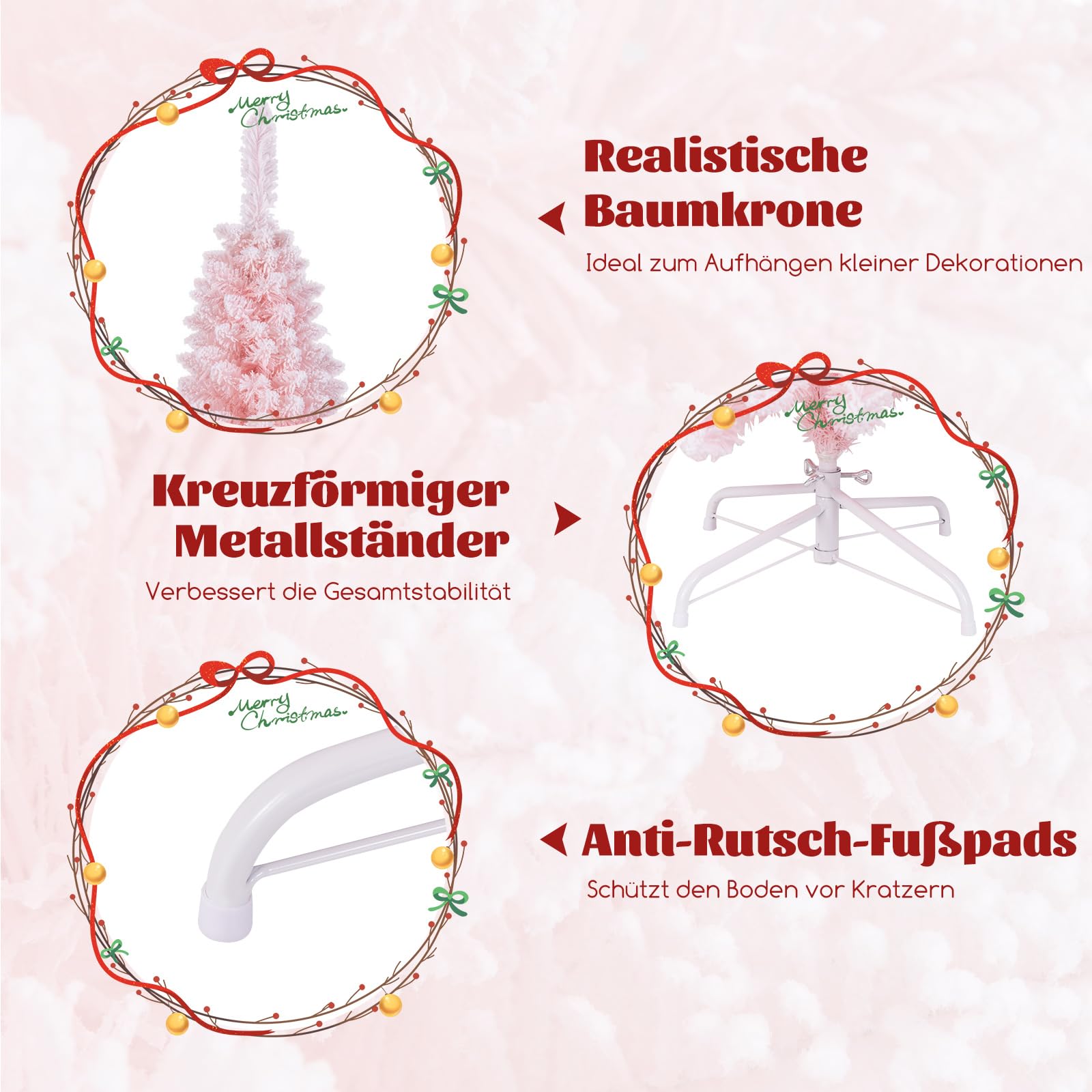 COSTWAY künstlicher Weihnachtsbaum Bleistift, 180 cm Tannenbaum mit Schnee, Christbaum mit 460 Zweigspitzen & klappbarem Metallständer, schlanker Kunstbaum Weihnachten für Zuhause, Büro (Rosa)