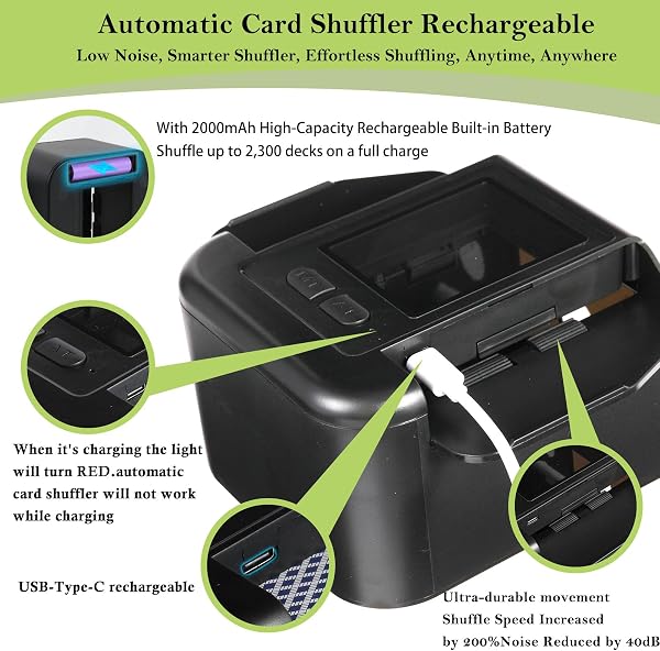 Buldoospok Wiederaufladbar Automatischer Kartenmischer für 2 Decks, Geräuscharm Elektrischer Kartenmischer mit Auto & Manuell, Tragbar Kartenmischmaschine für UNO Romme Phase 10 Skip-BO etc Karte - 5