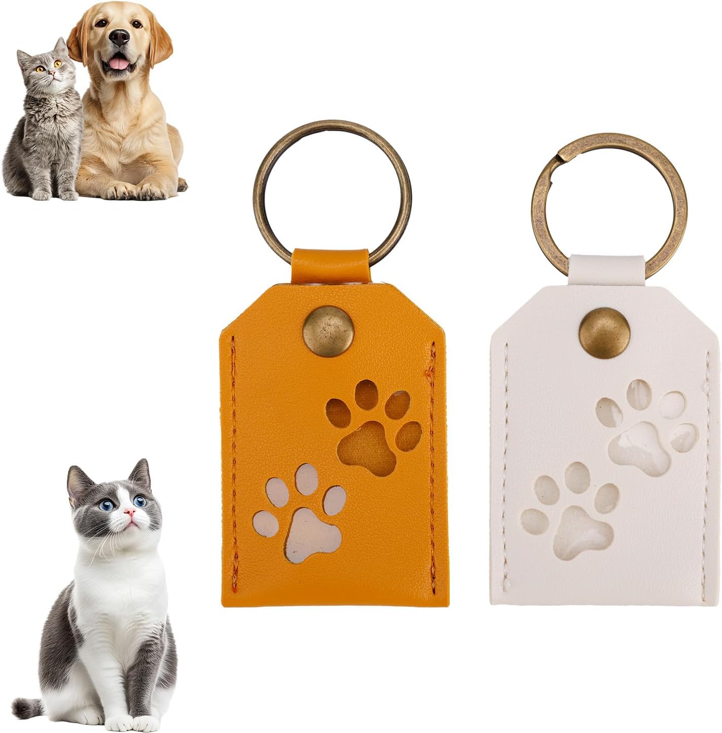 Penitue 2pcs Dog Fur Storage Keychain, Cute Pet Hair Storage Keychains Paw Key Chain Pattern Leather Keyrings for Dogs Cats Fur Collection Collector Memorial Keepsake Decor (Orange, White)