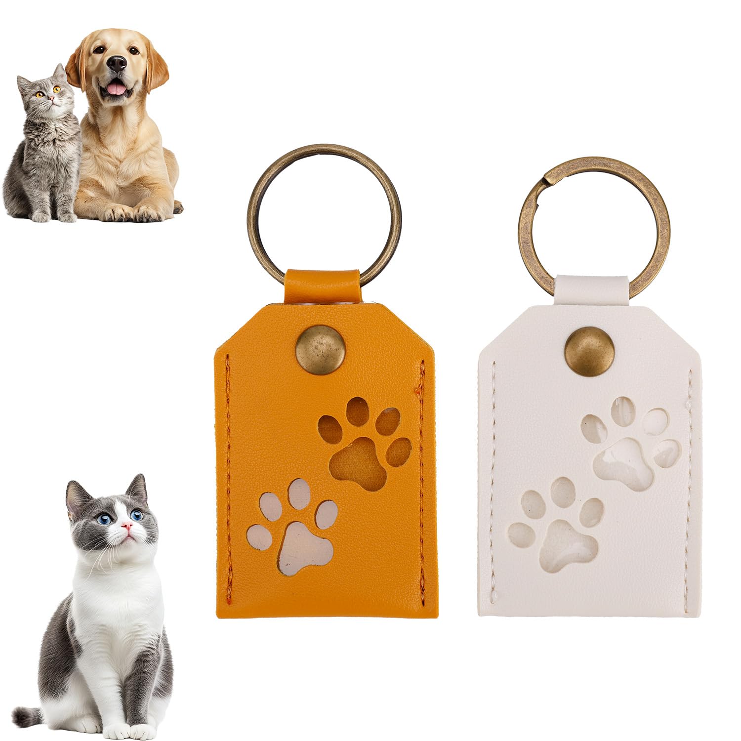 Penitue 2pcs Dog Fur Storage Keychain, Cute Pet Hair Storage Keychains Paw Key Chain Pattern Leather Keyrings for Dogs Cats Fur Collection Collector Memorial Keepsake Decor (Orange, White)
