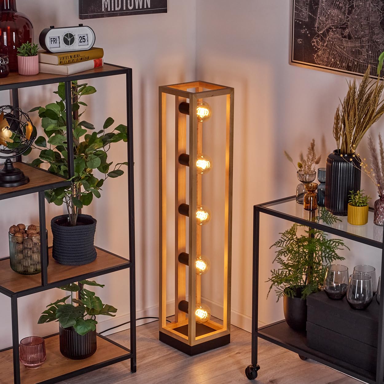 Stehleuchte Ottersta, Stehlampe aus Holz/Metall in Naturfarben/Schwarz, Leuchte im modernen skandinavischen Design, Höhe 102,5 cm, mit Fußschalter, 5-flammig, 5 x E27, ohne Leuchtmittel