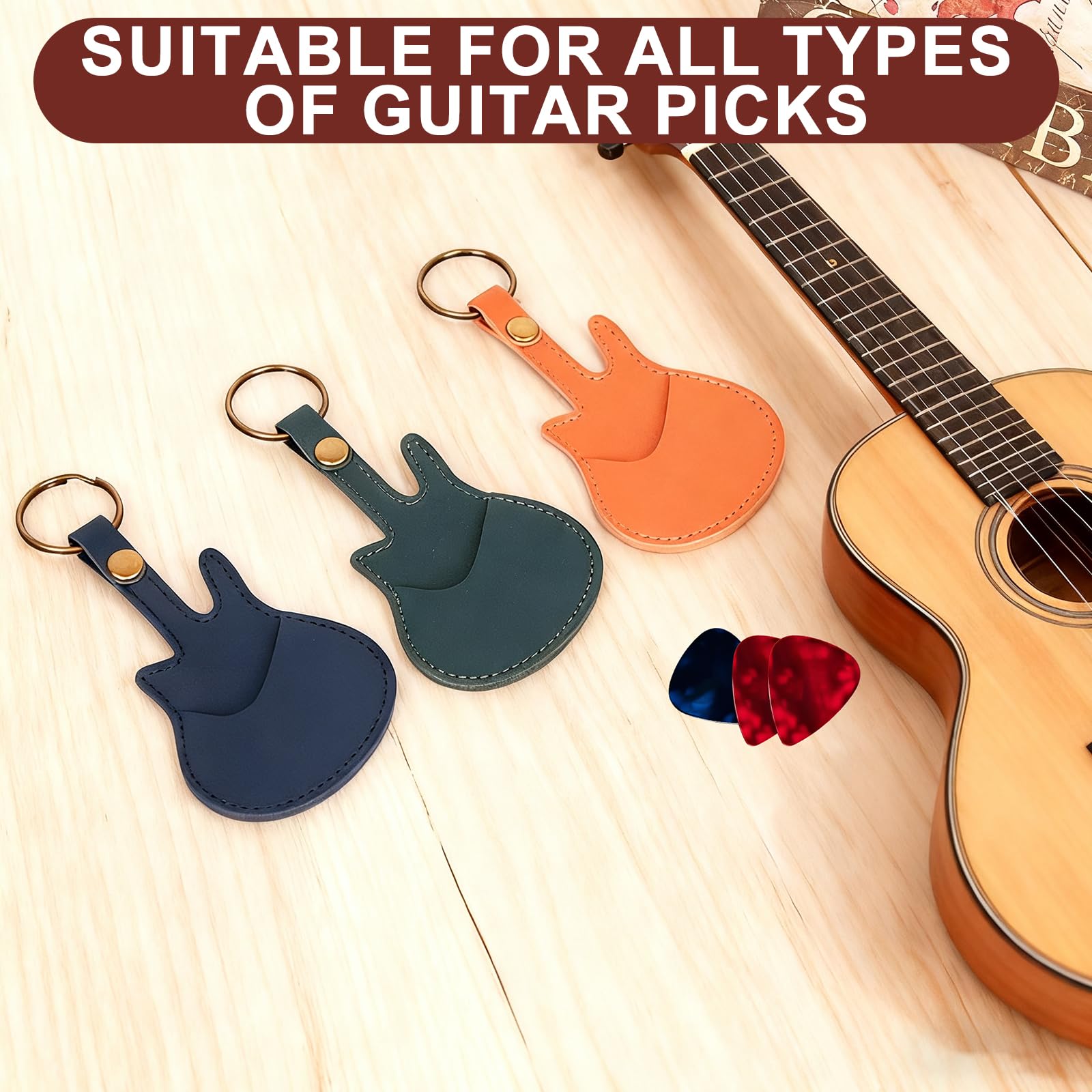 Piórnik na gitarę, przenośny uchwyt na kostki ze skóry PU z gniazdami, wielofunkcyjne przechowywanie gitary Picks, 3 sztuki (zielony, niebieski, pomarańczowy)