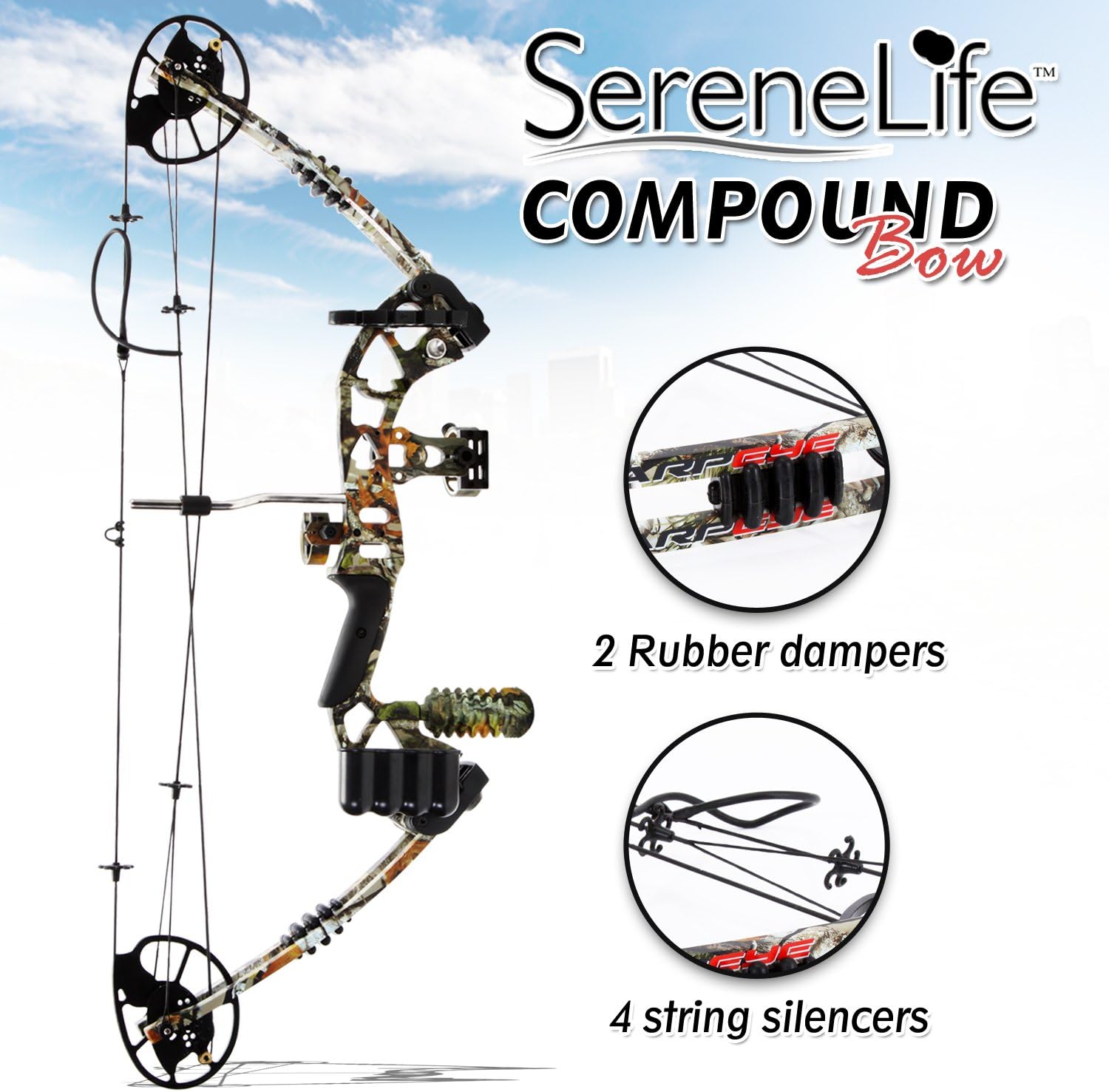 SereneLife Camo Hunting Archery Compound Bow-320 FPS Camoflauge Gear W/Fiberglass Limb,Peep Sight,30-70 lbs Adjustable Draw Weight,23.5”-30.5” Length,Metal Riser 4 String Silencers