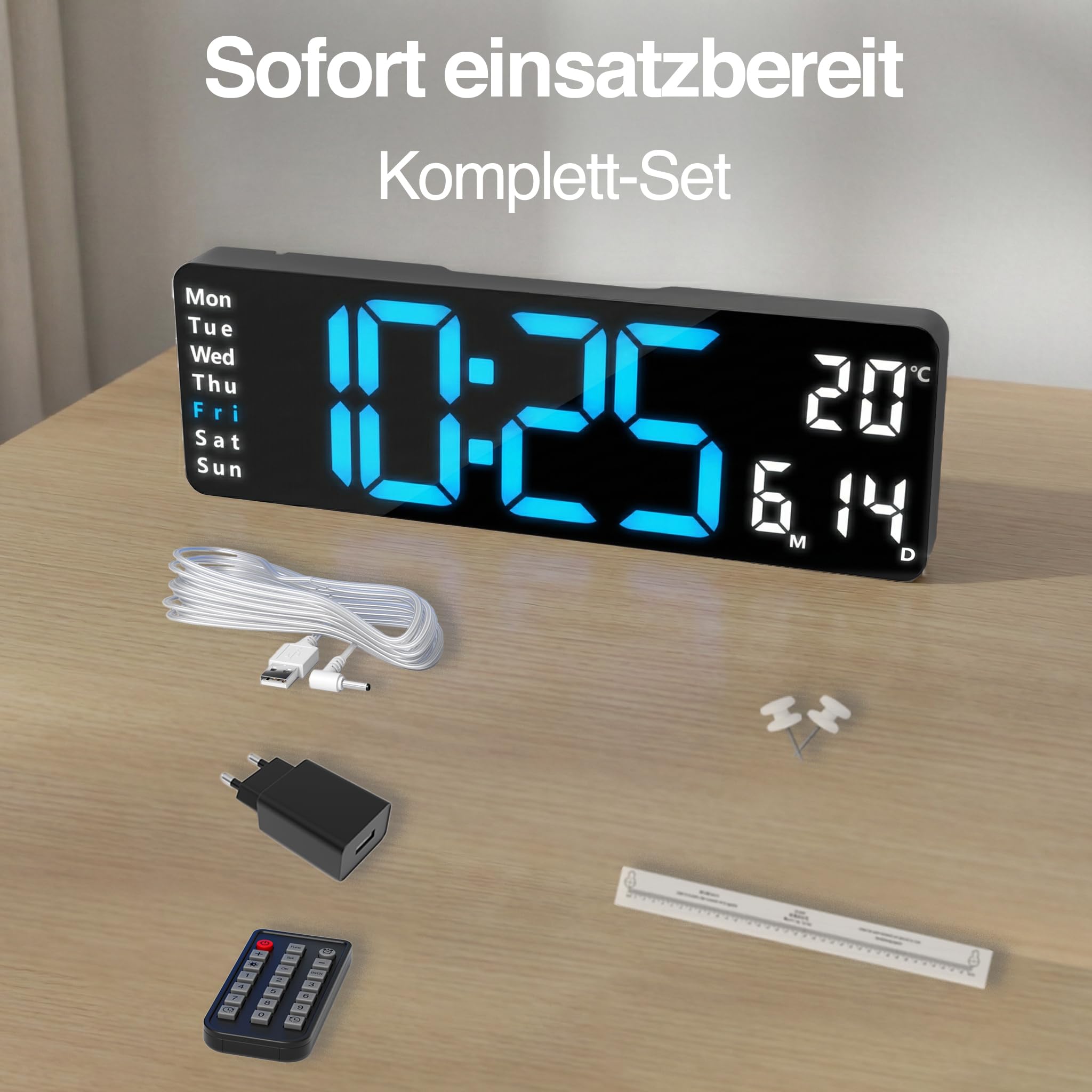 Opis Technology Clock 1 XL - Digitale Wanduhr - Retro LED Wand Uhr mit Fernbedienung, Timer & Wecker, Temperaturanzeige, dimmbares Display, Blau/Weiß