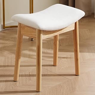 18" Small Vanity Chair, Ottoman Bench Saddle Cushion Linen Beige