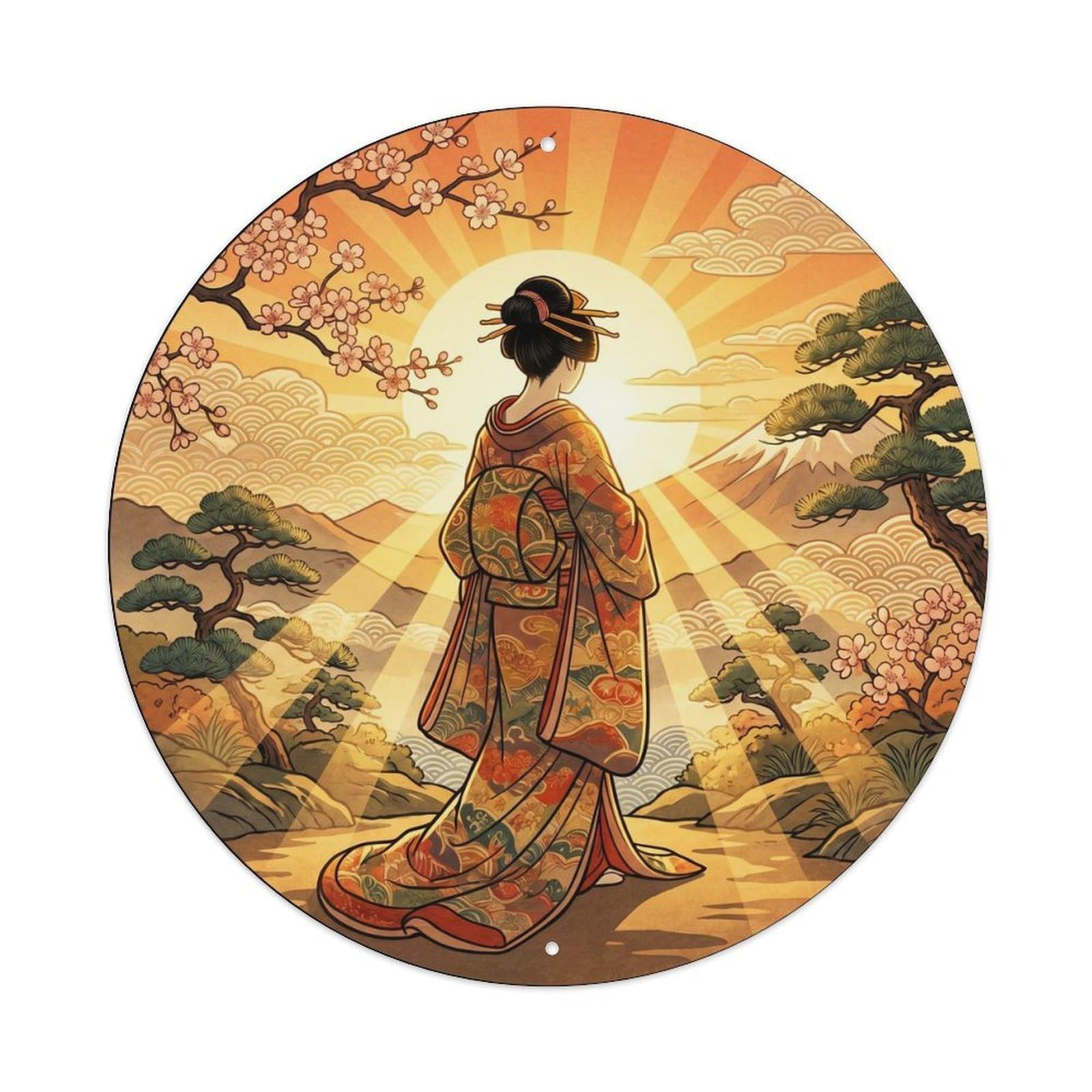 Galvaxio Style Japanese Kimono Woman Viewing Morning Light First Rays Metal Tin Sign