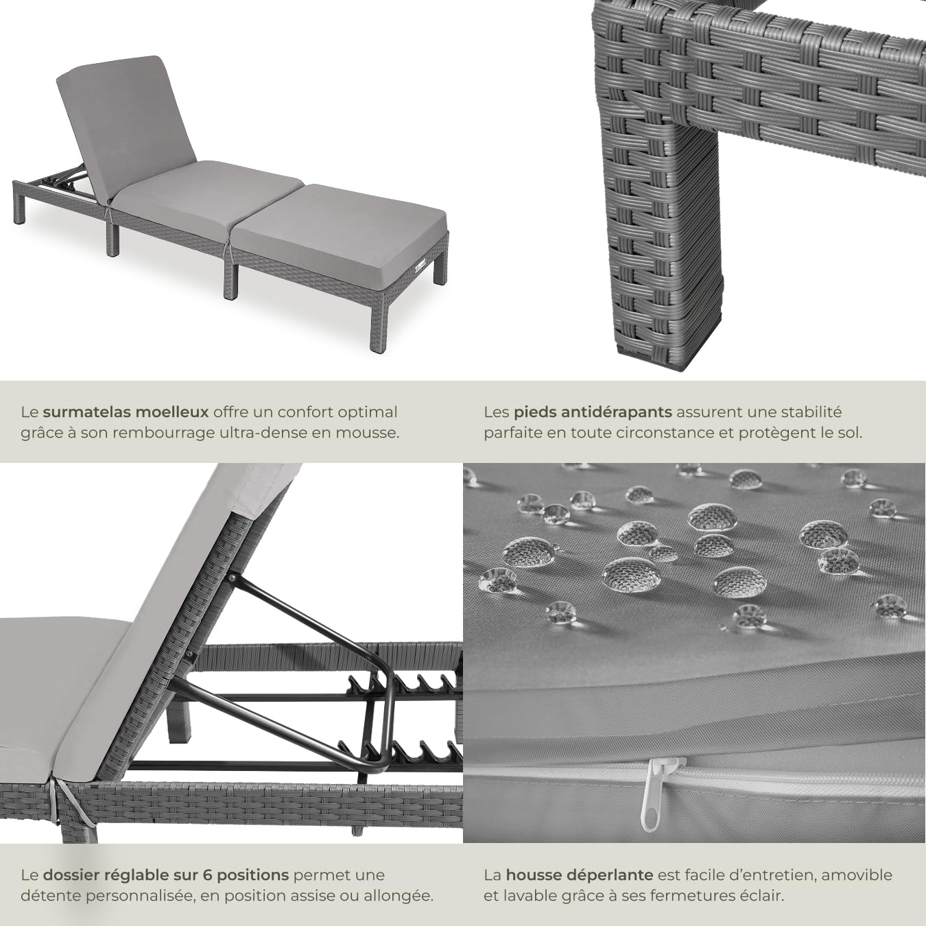 tectake® Chaise Longue Bain de Soleil en Résine Tréssée Acier Résistant Dossier Inclinable sur 6 Positions Transat Salon de Jardin Exterieur Mobilier de Jardin Chaise Longue Piscine Plage
