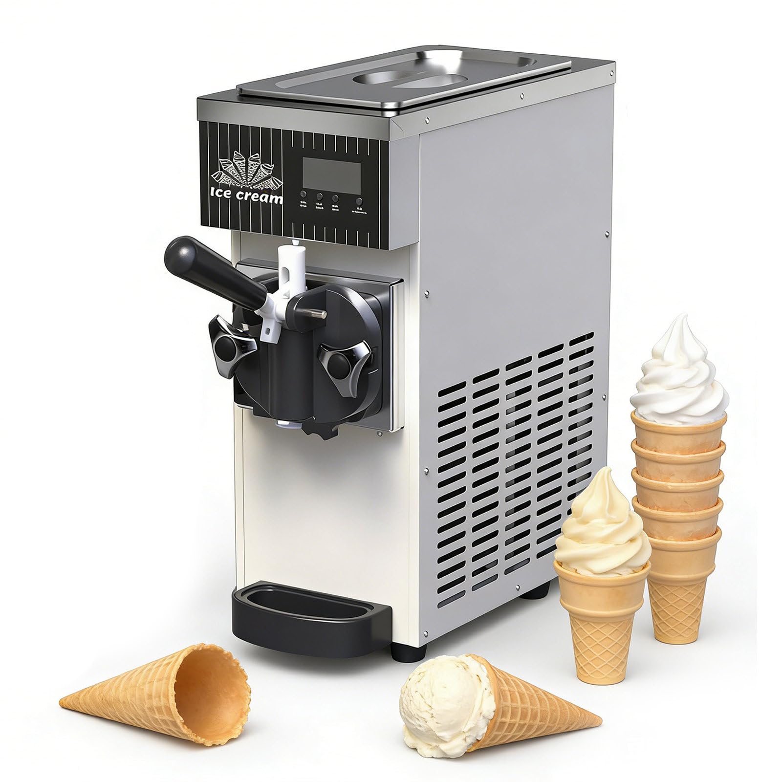 Máquina Comercial Helado Suave, Rendimiento 4-5 Kg/H O 4.5-8 Kg/H; Modelo De Sobremesa De Un Solo Sabor con Panel LCD Y Autolimpieza Un Solo Toque, Ideal para Helados En Espiral White-3.5L
