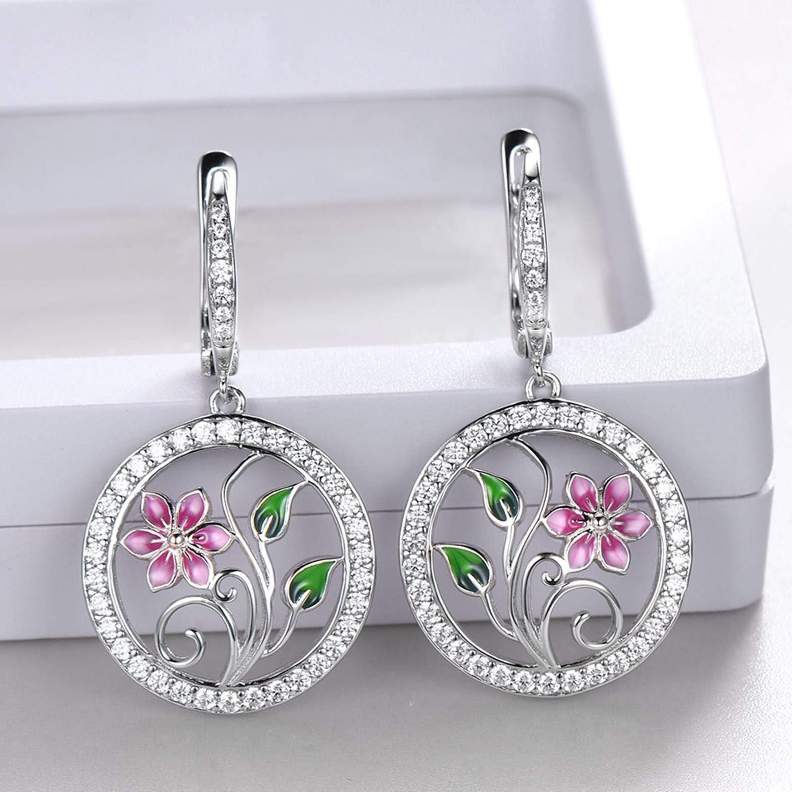 Ohrring Mädchen Silber, Anhänger-Ohrringe Silber Ohrringe Damen Lotus Aus Emaille Weiß Runden Zirkon Frauen Geschenke