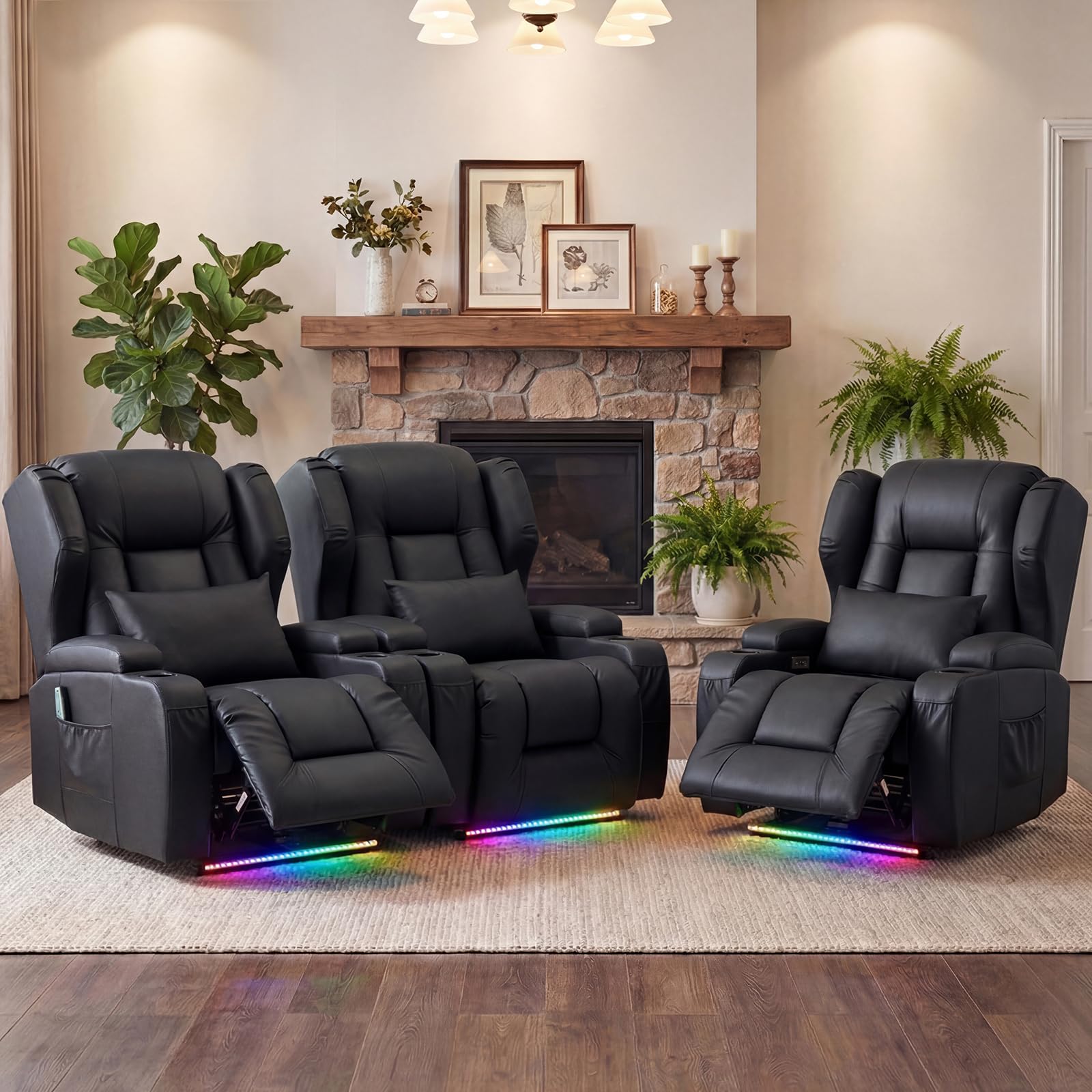 Oprisen Wall Hugger Power Recliner Chair Set of 3, Overstuffed Home Theater Seating w/Heat Massage Electric Movie Gaming Sofa Reclining Sleeper Chair with LED Light/Lumbar Pillow/Cup Holders