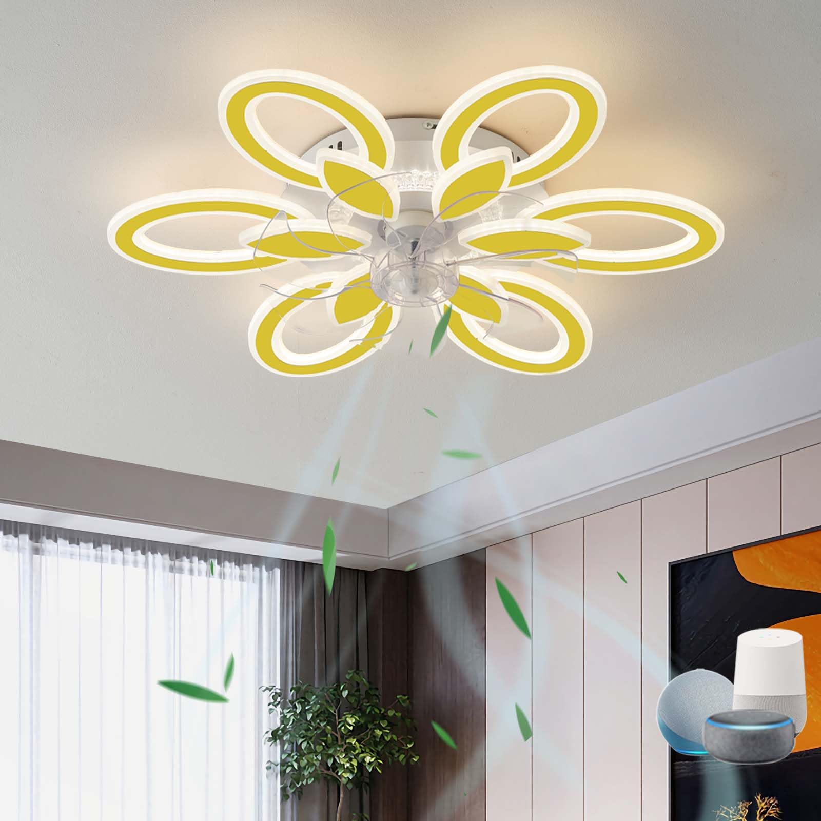 KVOYYIRA Flower Ceiling Fan with Lighting 6 Speed Reversible Ceiling Fan Lights Compatible with Google Assistant and Alexa Dimmable Quiet LED Ceiling Fans with Lamps for Living Room Bedroom, Gold