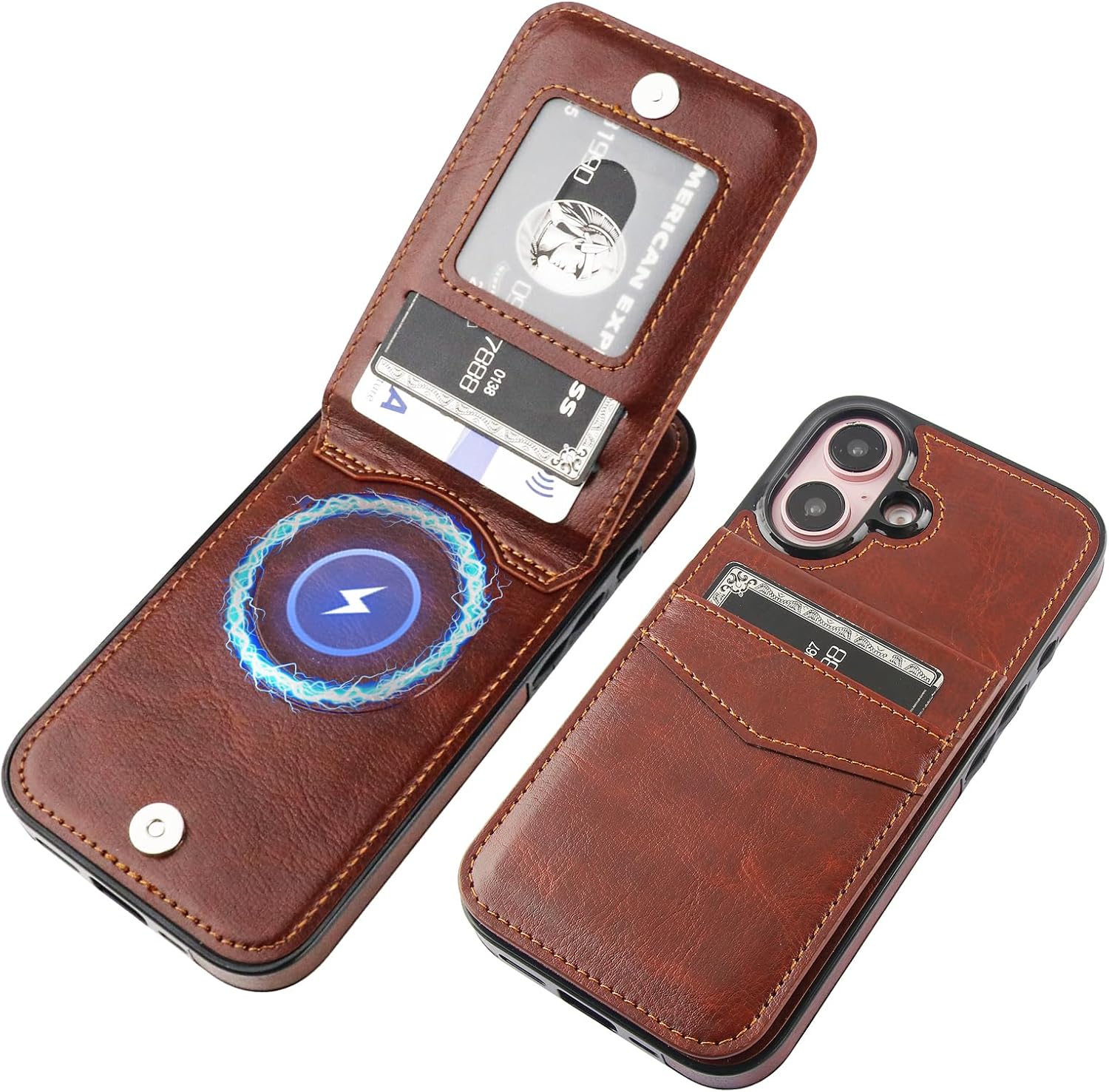 KIHUWEY for iPhone 16 Case Wallet Compatible with MagSafe Wireless Charging, Credit Card Holder, RFID Flip Leather Magnetic Clasp Kickstand Heavy Duty Protective Cover 6.1 Inch (Brown)