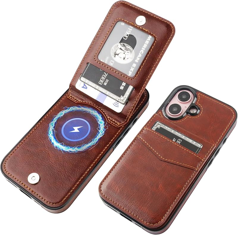 KIHUWEY for iPhone 16 Wallet Case Card Holder for MagSafe, Brown