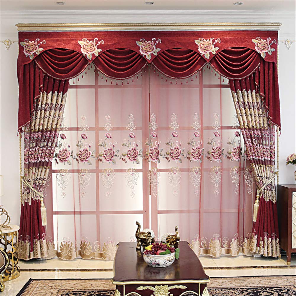 European Style Floral Embroidered Curtain Luxury Peony Embroidery Sheer Curtain Rod Pocket Top Window Curtain Panels for Living Room 1 Panel