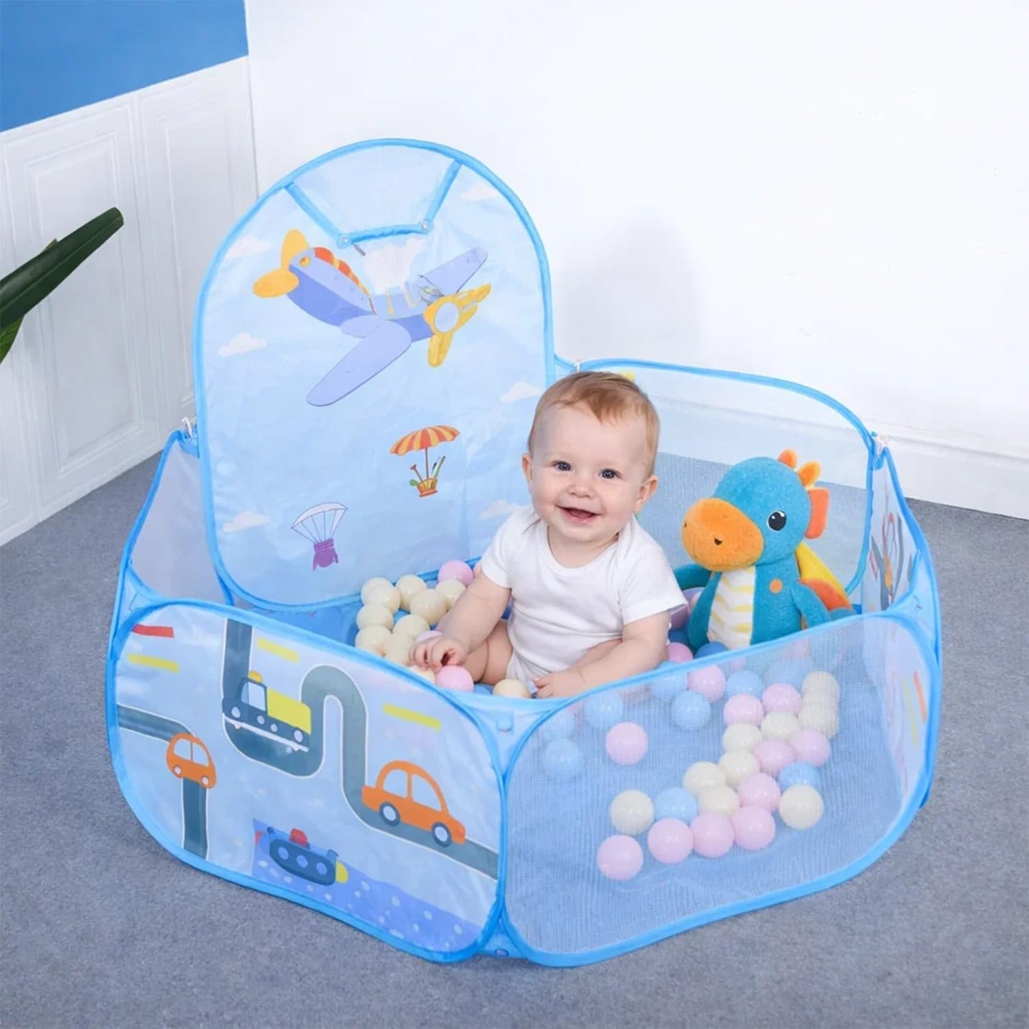 BabyGo Kids Activity Basketball Aeroplane Ball Pool for Kids, Play Tent House for 2+ Year Old Girls and Boys, Ball Pit for Kid, Spacious, Lightweight, Portable & Easy to Set Up (Blue) (No Balls)
