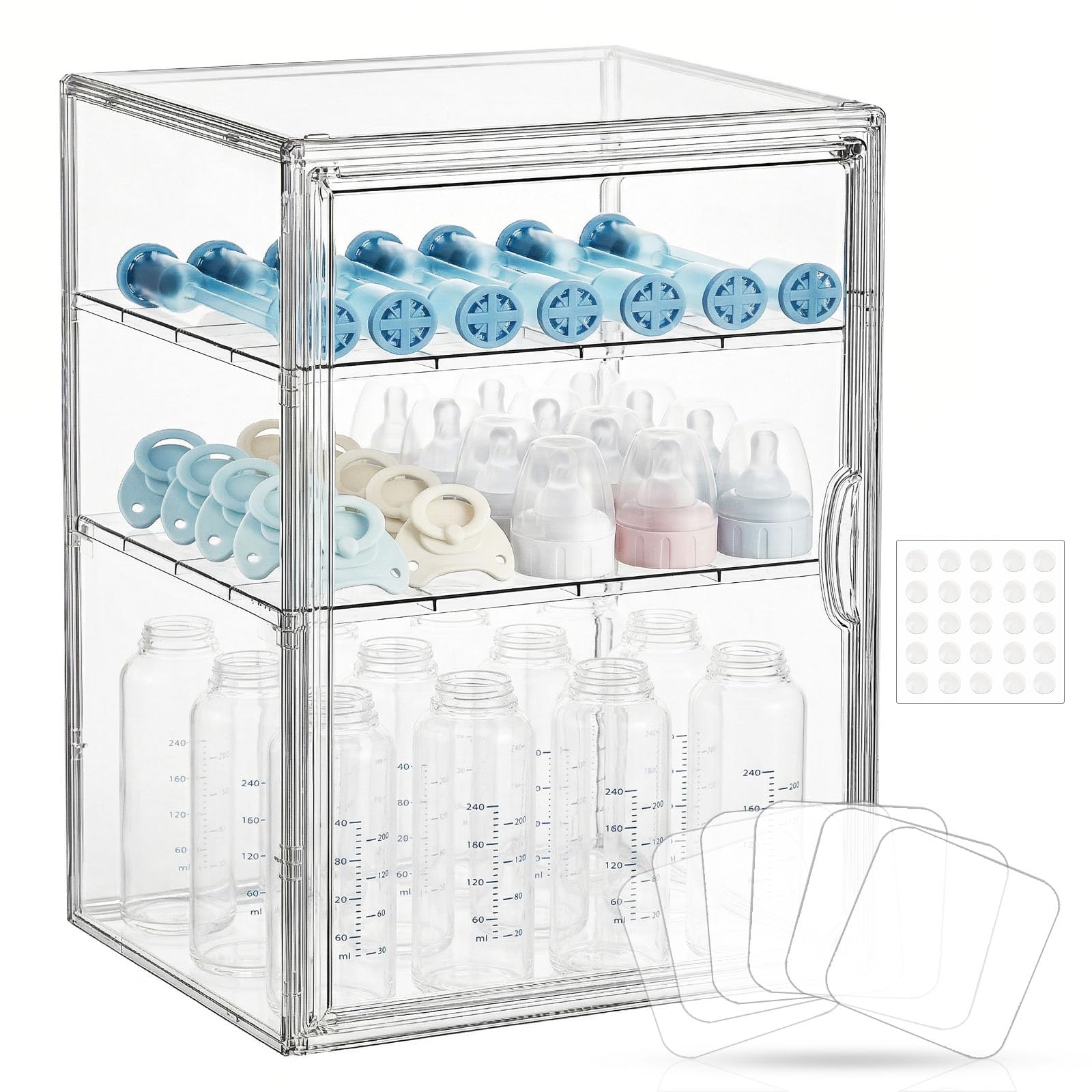 Organiseur de biberons – Support mural adhésif à 3 niveaux réglables en acrylique avec porte magnétique – Pour comptoir, armoire, cuisine et coiffeuse, cadeaux pour nouvelle maman