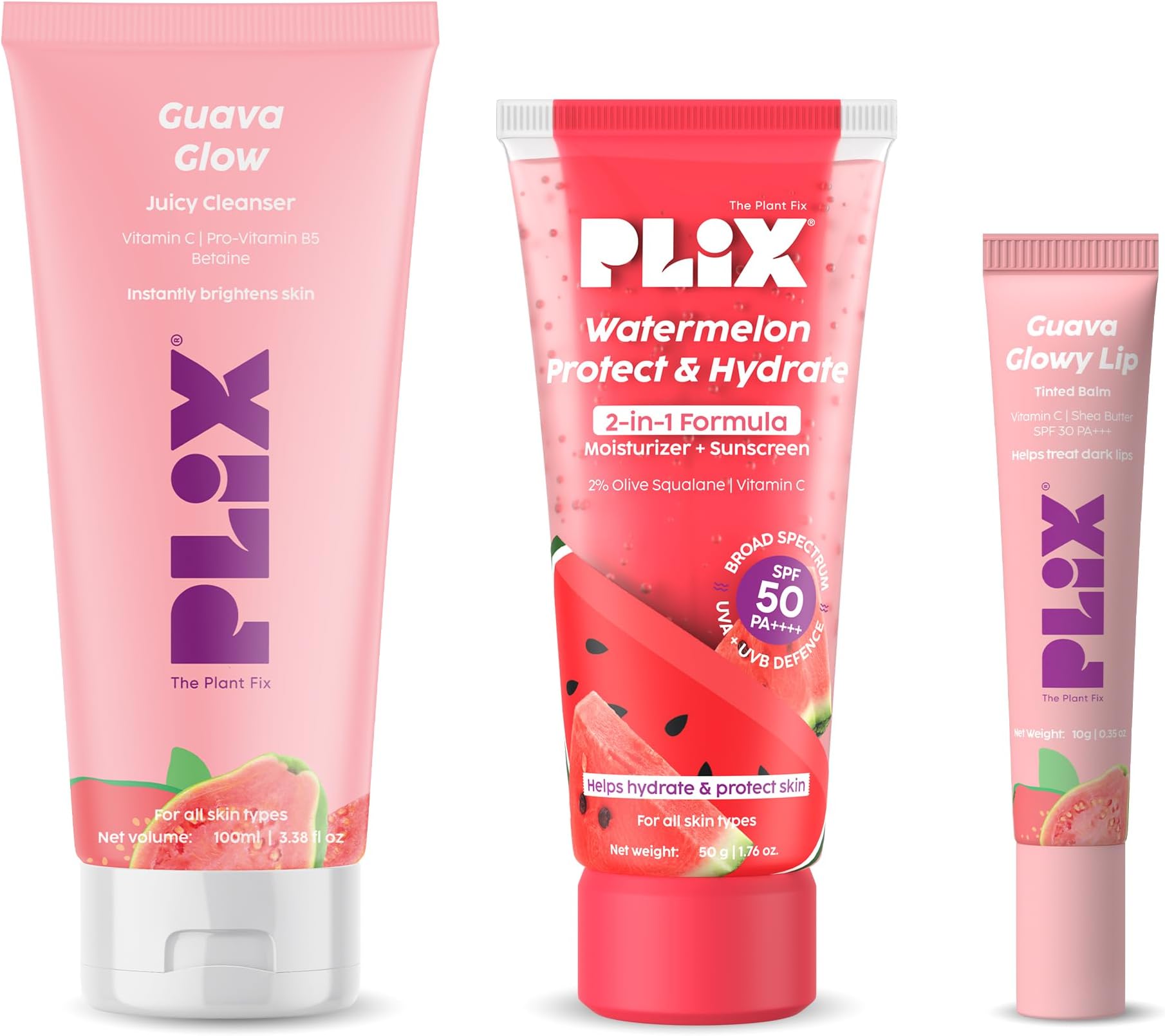 Glow, Moisturize & Protect Combo | Guava cleanser & Watermelon dual sunscreen & Guava lip tinted blam | With SPF PA 50 ++++ & Vitamin C
