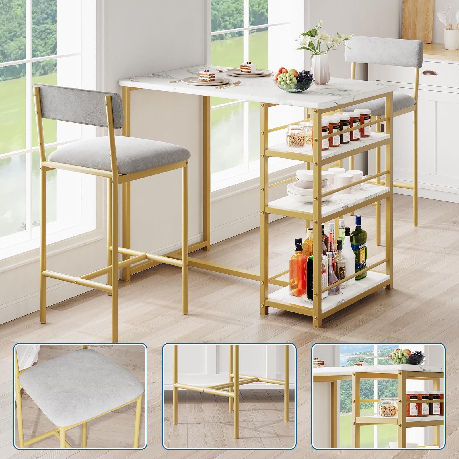 Bartisch Mit 2 Hockern, 3-Stufige Ablageflächen Für Gläser & Deko, Stabiler Stehtisch Barhockern, Essgruppe Mit Hochwertigen Polsterstühlen, Ideal Für Küche, Wohnzimmer Oder Bistro, Goldmarm