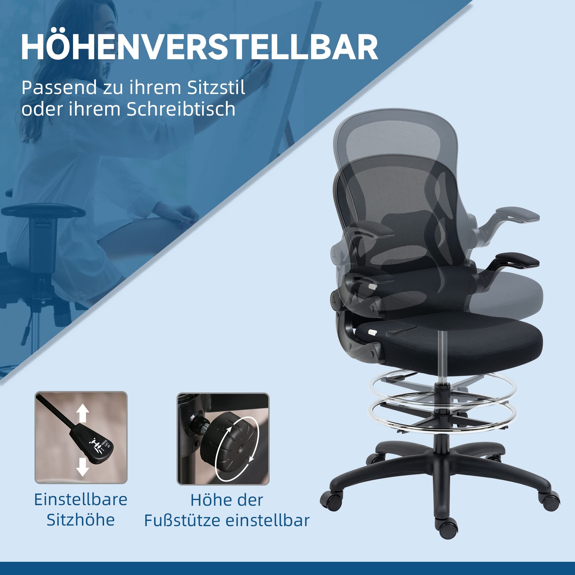 Vinsetto Bürostuhl Ergonomischer Zeichenstuhl 102-122 cm Schwarz | Mit Verstellbarem Fußring, Drehstuhl, Höhenverstellbarer Arbeitsstuhl, mit Rollen, Lendenwirbelstütze