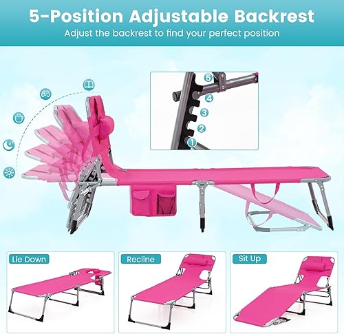 Miniatura 4 de Goplus Silla bronceadora, silla de playa plegable con agujero para cara y brazo, 5 posiciones ajustables, almohada extraíble, bolsillo lateral,