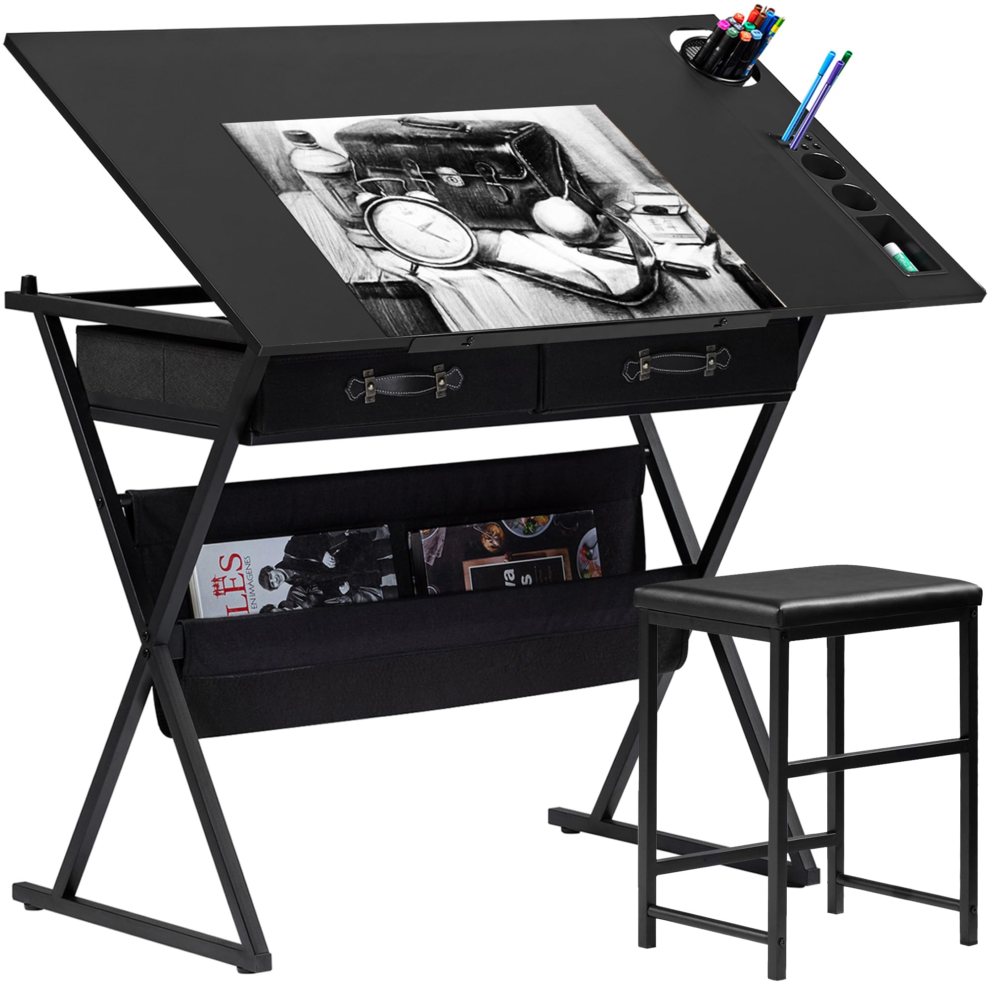 VECELO Drafting Table Art Desk Art Table Adjustable Drawing Table Tilted Tabletop with 2 Storage Drawers and Stool, Drawing Desk for Artist Painters